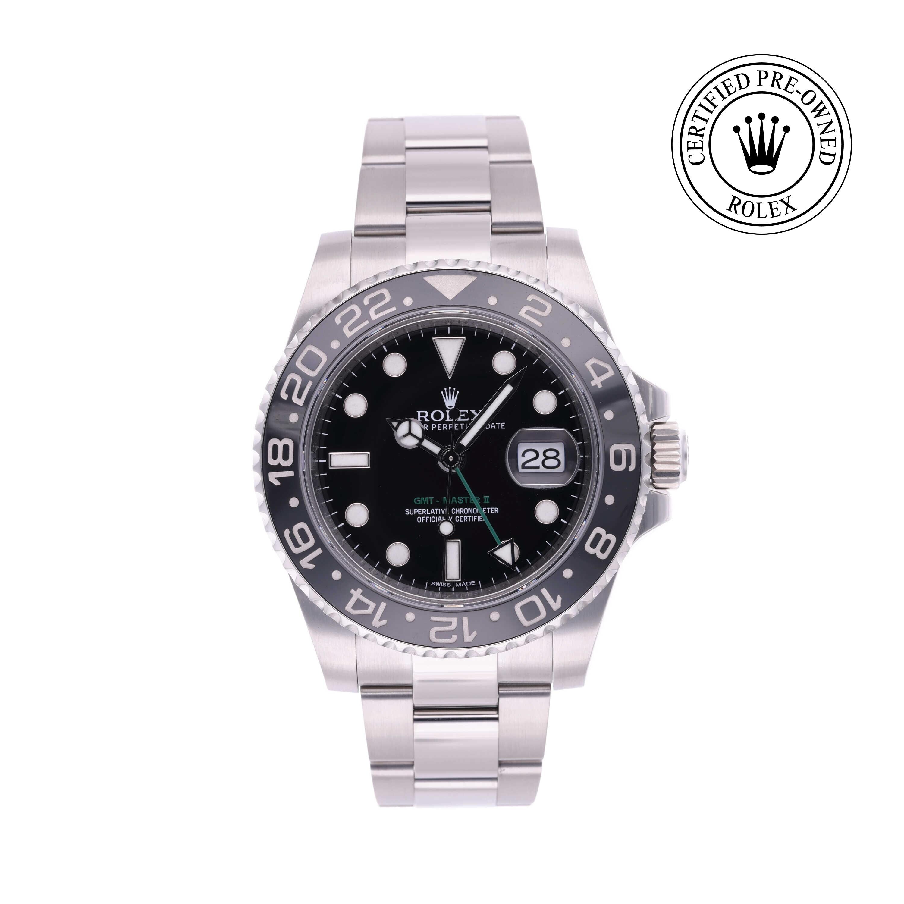 Rolex Certified Pre-owned GMT M116710LN-0001 front on white background
