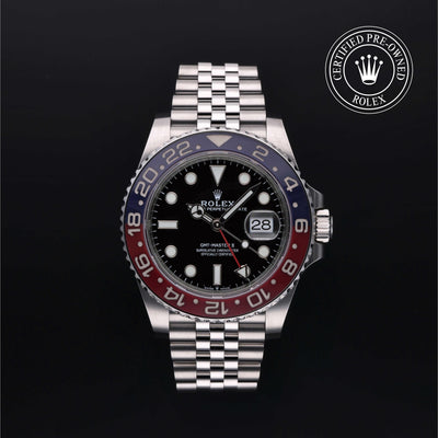 Rolex Certified Pre-owned GMT M126710BLRO-0001 front on black background