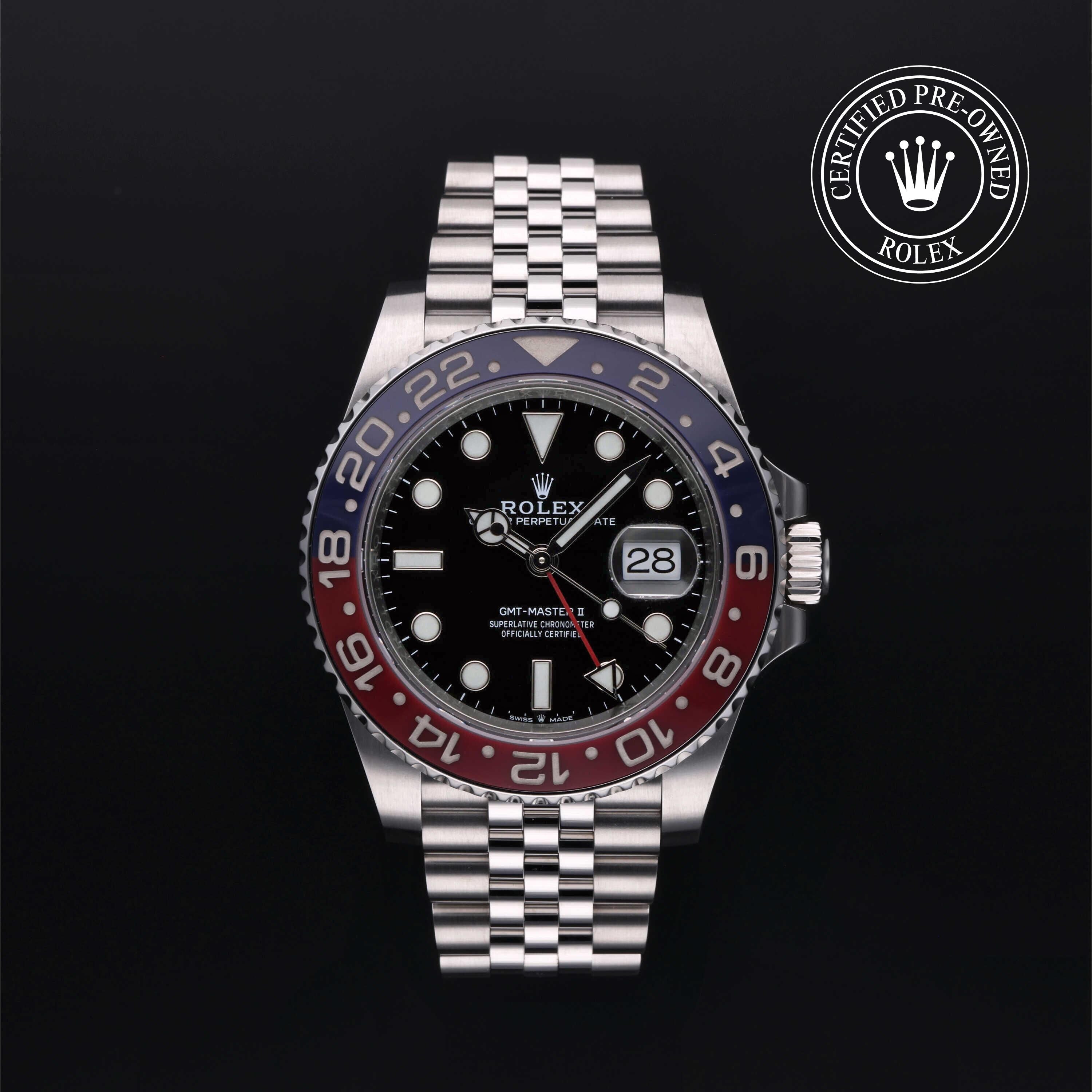 Rolex Certified Pre-owned GMT M126710BLRO-0001 front on black background