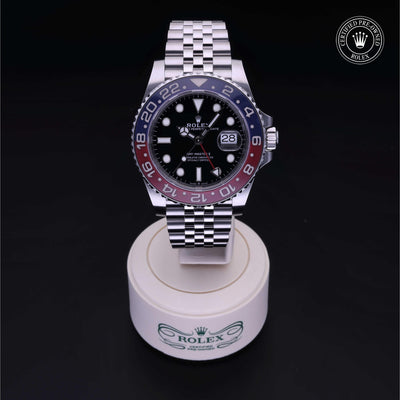 Rolex Certified Pre-owned GMT M126710BLRO-0001 front on black background