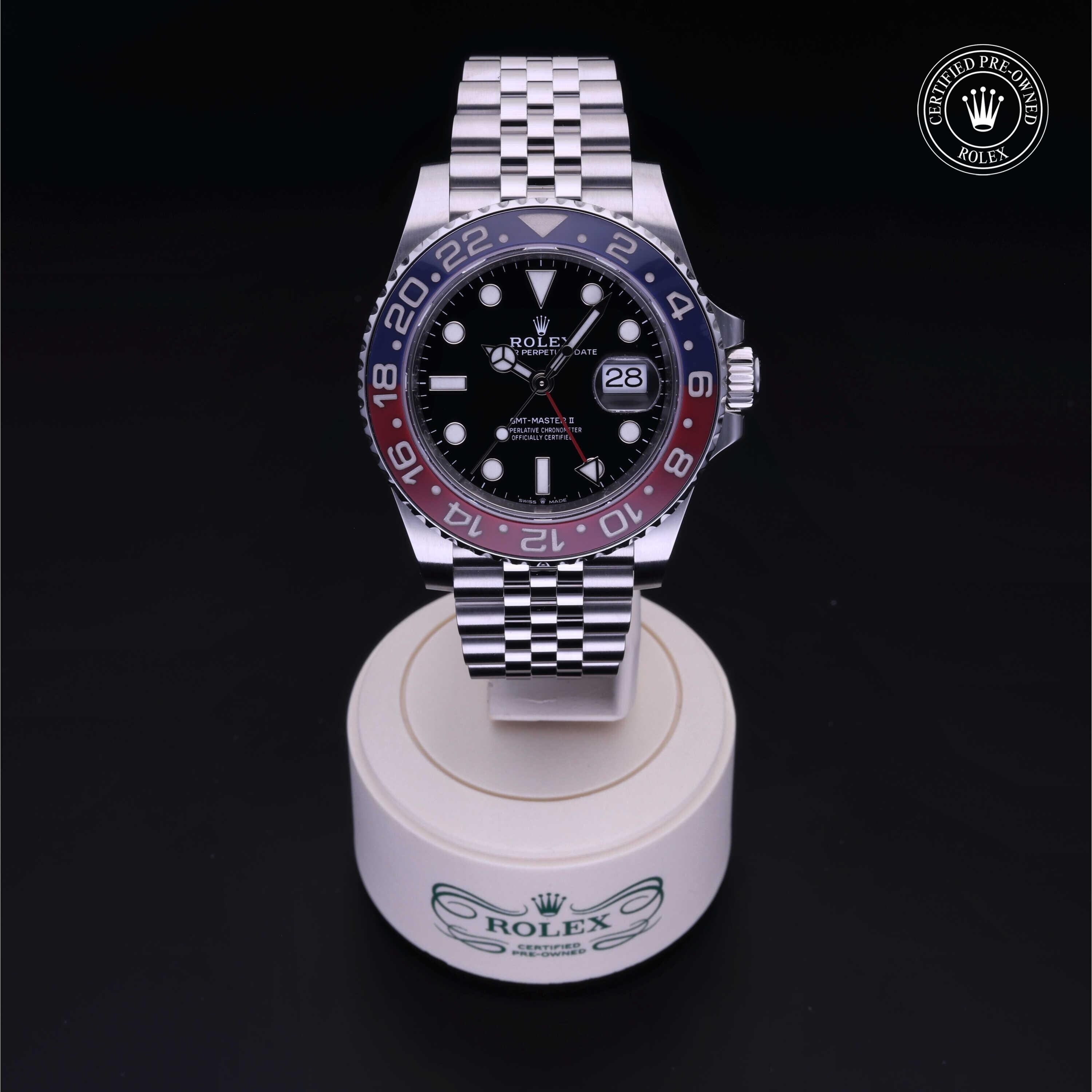 Rolex Certified Pre-owned GMT M126710BLRO-0001 front on black background