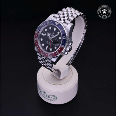 Rolex Certified Pre-owned GMT M126710BLRO-0001 front on black background