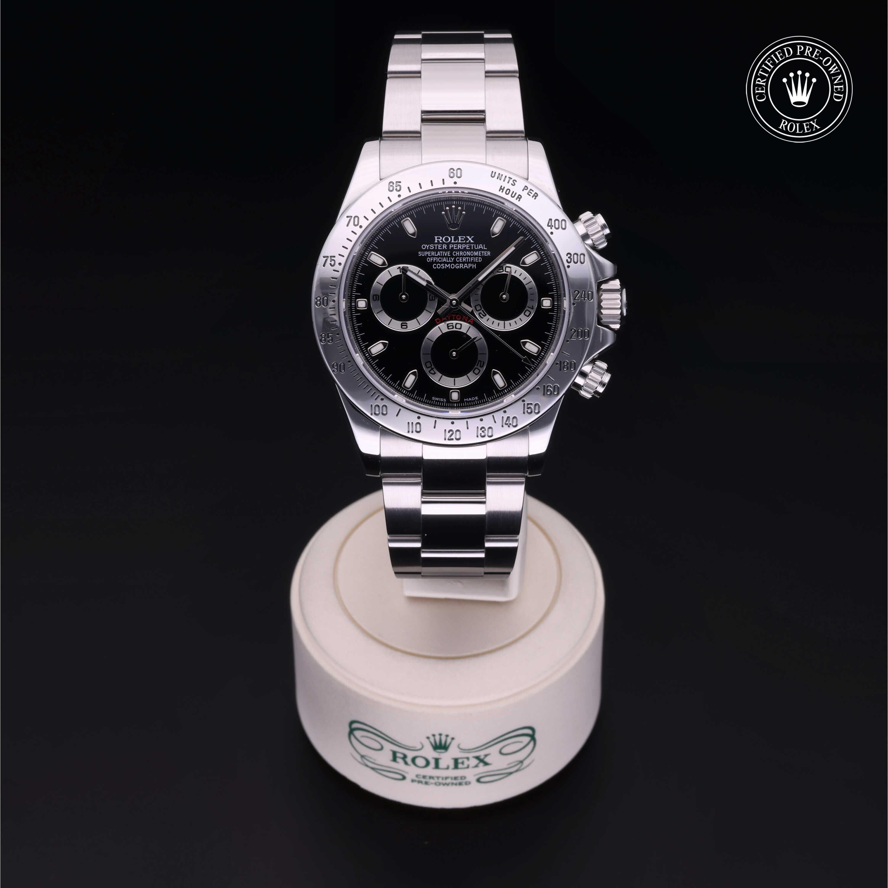 Rolex Certified Pre-owned Daytona M116520-0015 front on black background