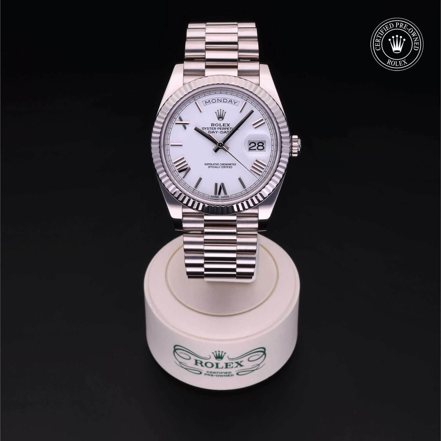 Rolex Certified Pre-owned Day-date M228239-0046 front on black background