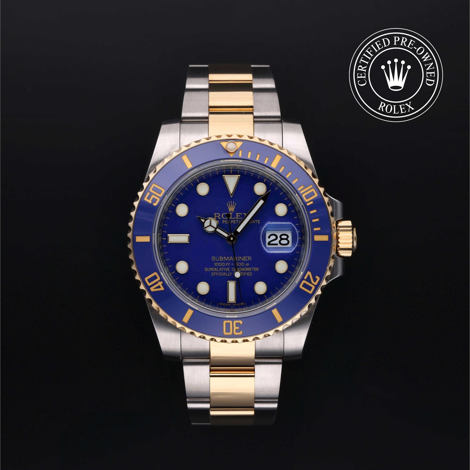Rolex Certified Pre-owned Submariner M116613LB-0001 front on black background