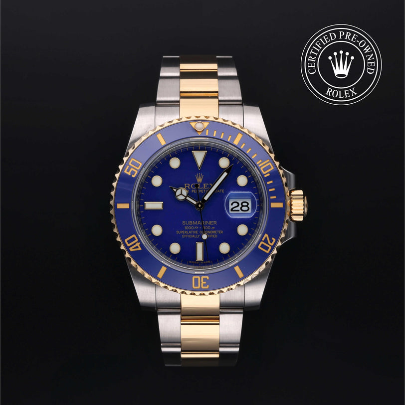 Rolex Certified Pre-owned Submariner M116613LB-0001 front on black background
