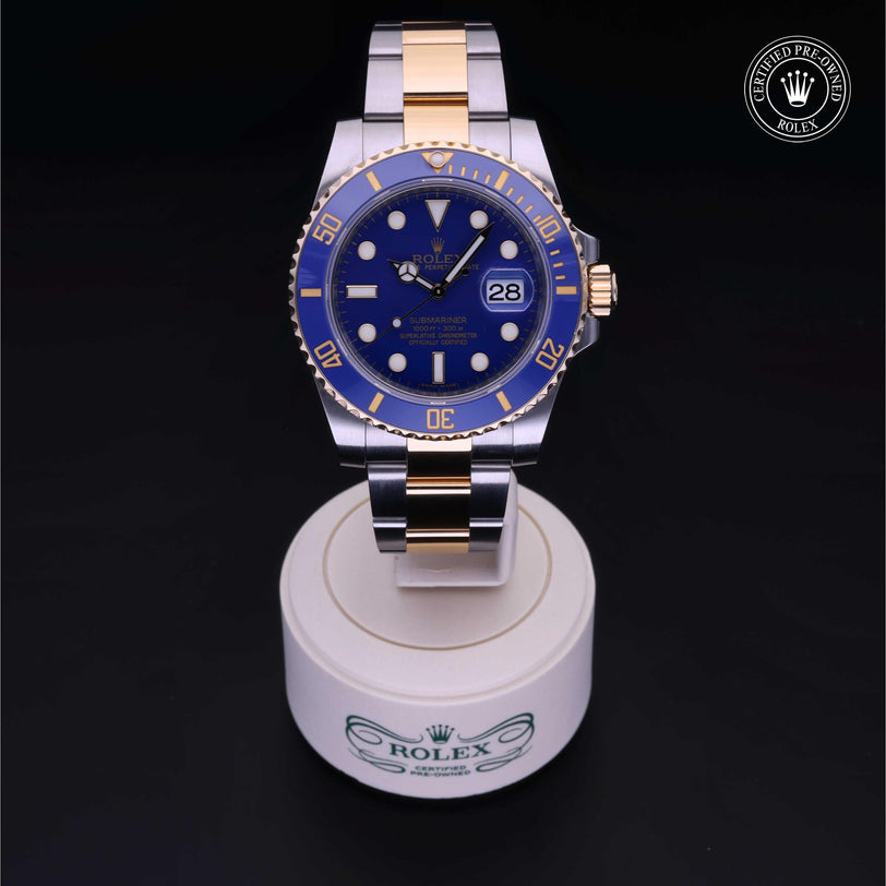 Rolex Certified Pre-owned Submariner M116613LB-0001 front on black background