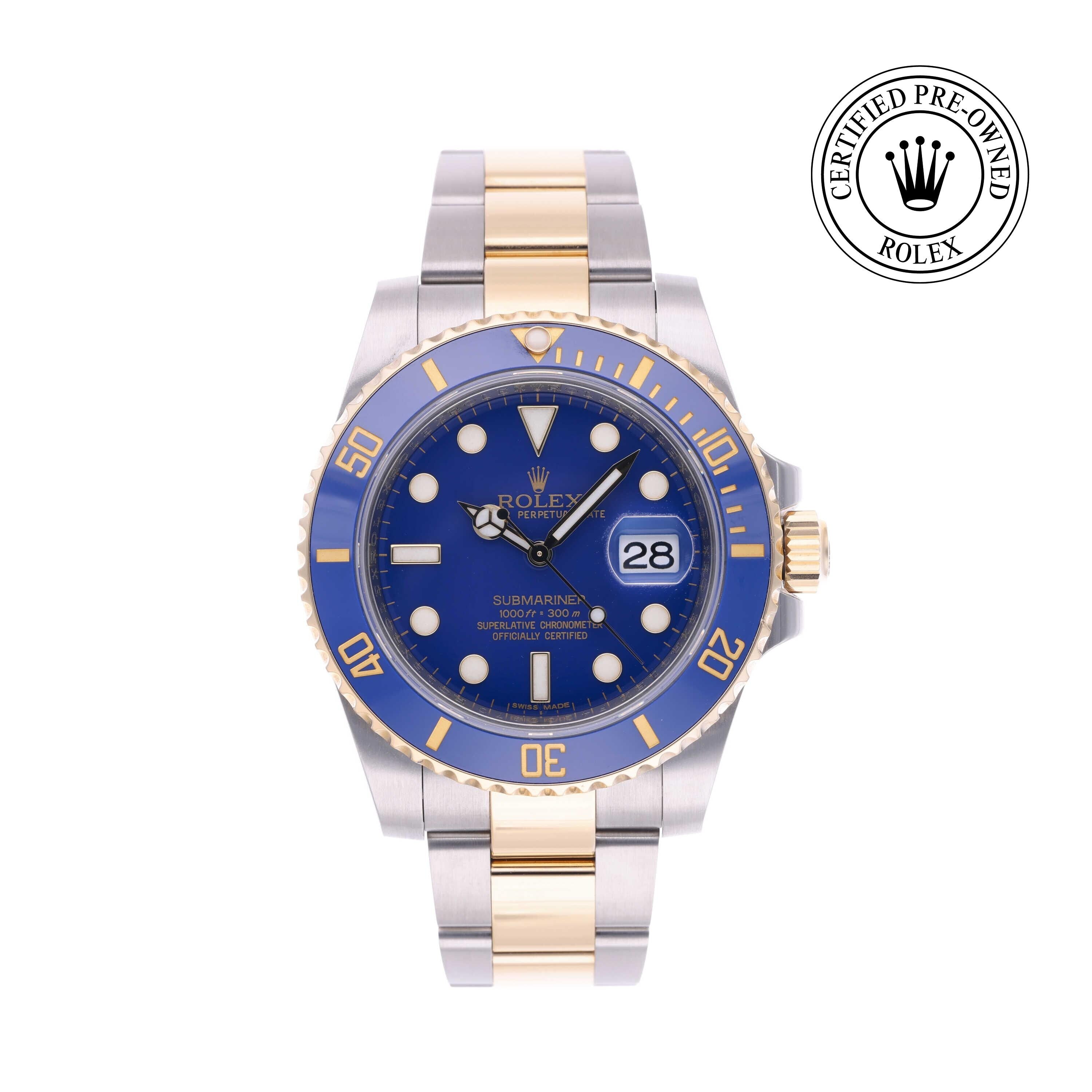 Rolex Certified Pre-owned Submariner M116613LB-0001 front on white background