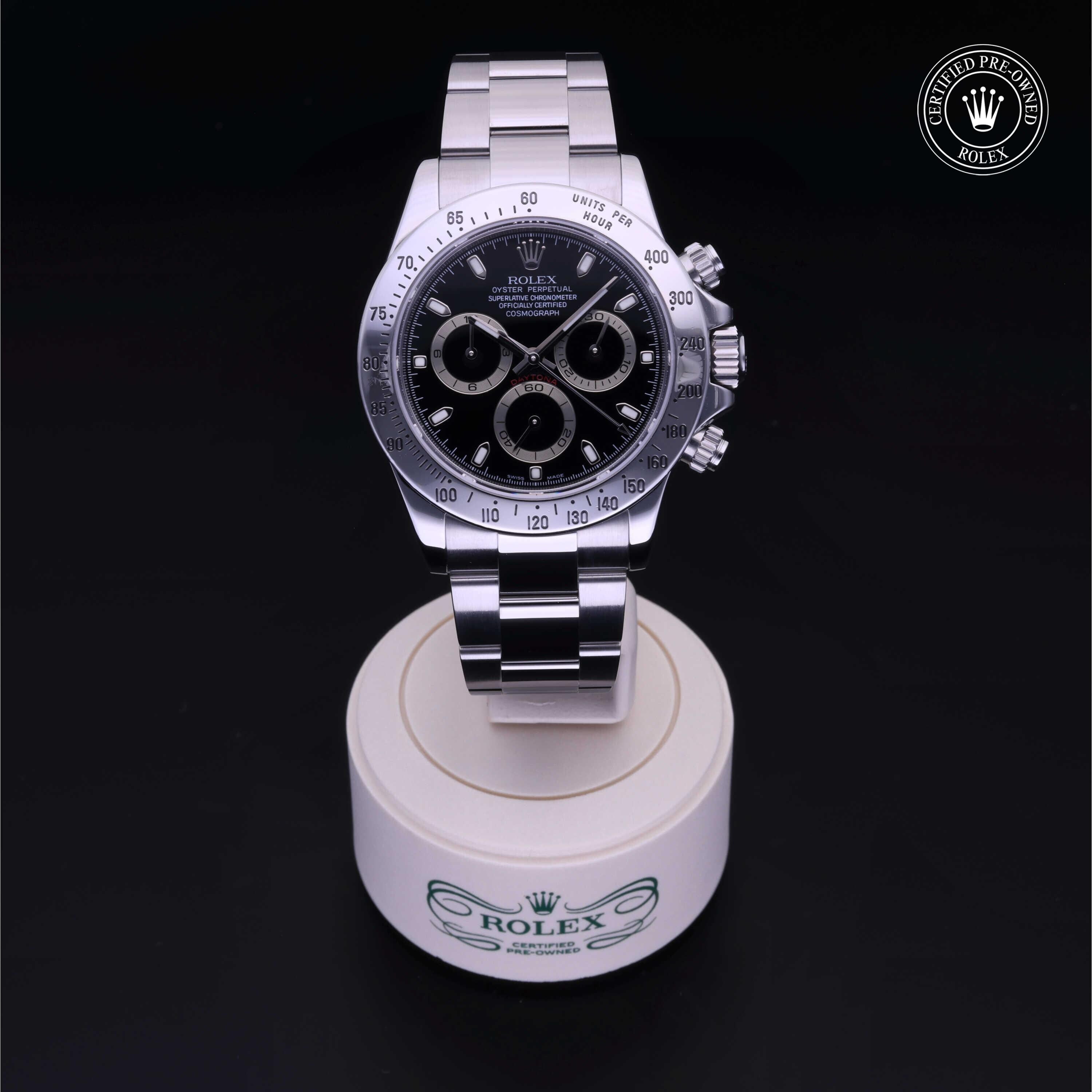 Rolex Certified Pre-owned Daytona M116520-0009 front on black background