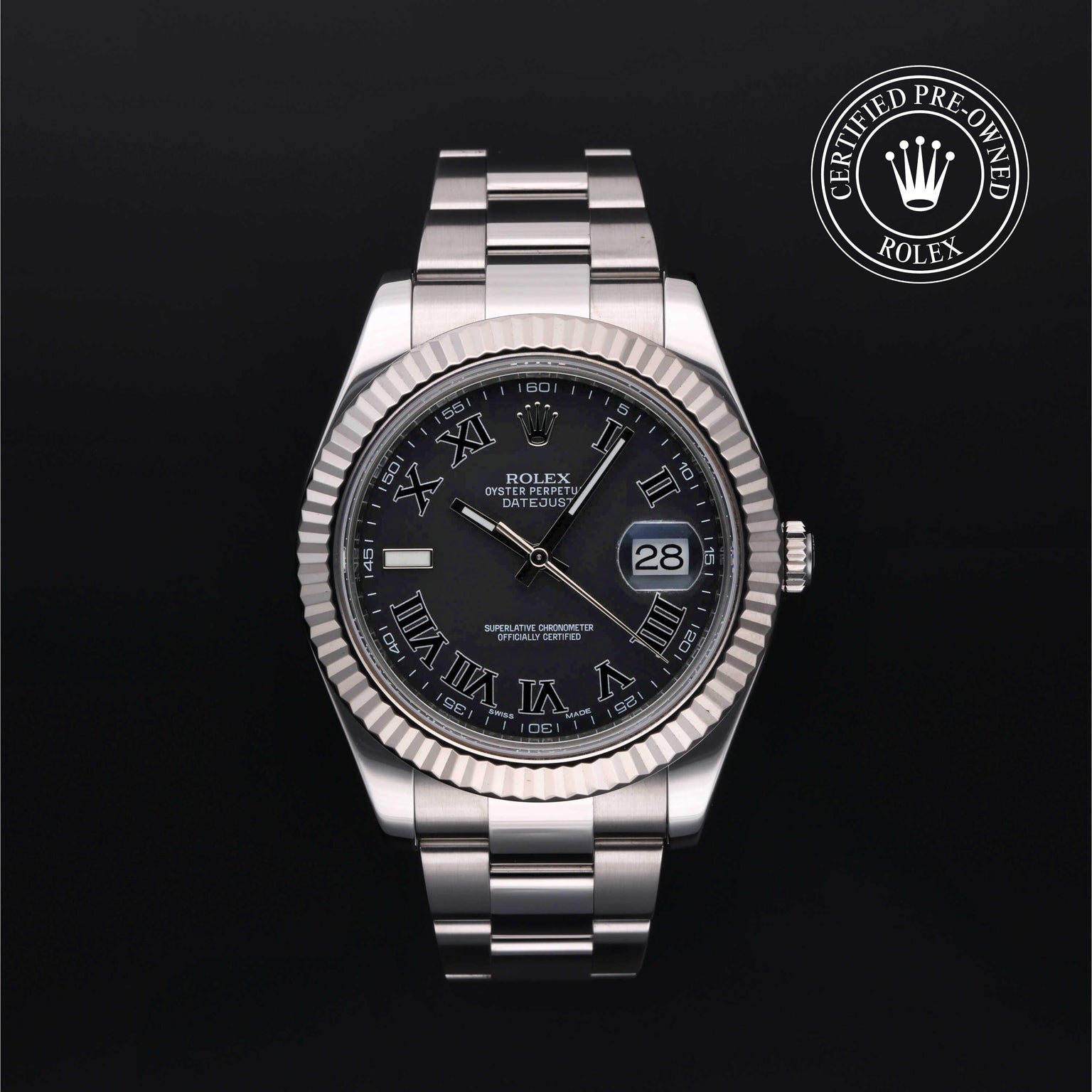 Rolex Certified Pre-owned Datejust M116334-0002 front on black background
