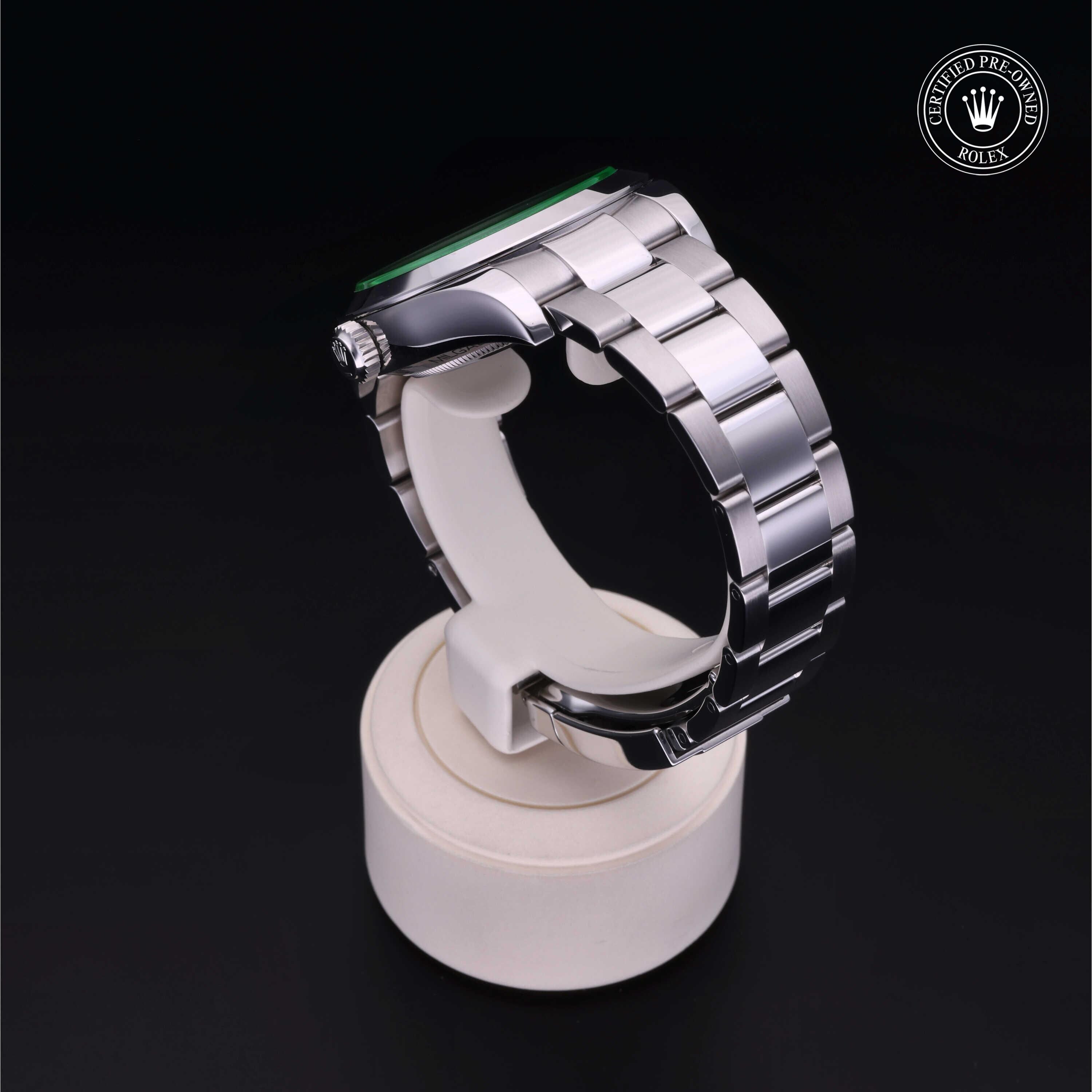 Rolex Certified Pre-owned Milgauss M116400GV-0002 front on black background