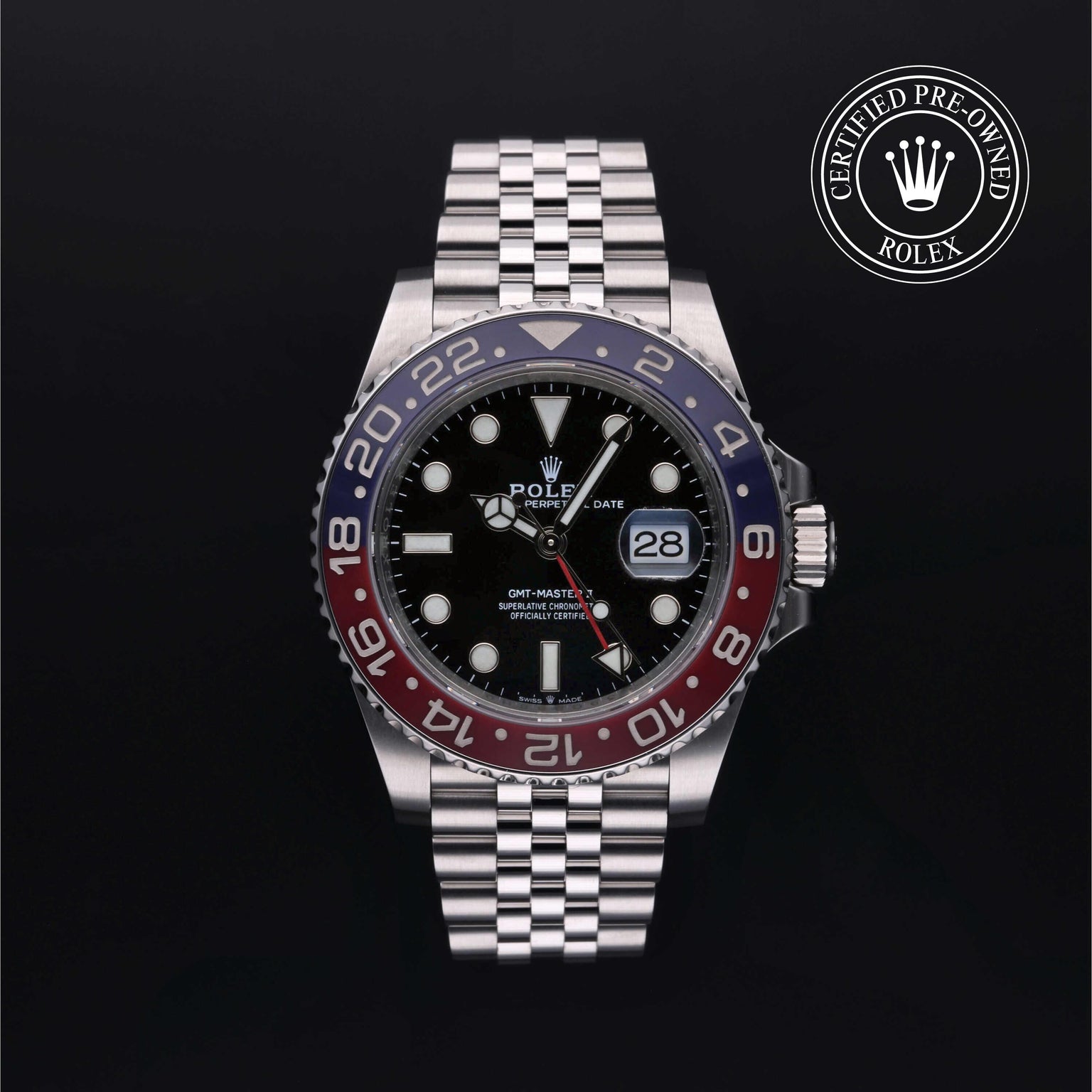 Rolex Certified Pre-owned GMT M126710BLRO-0001 front on black background