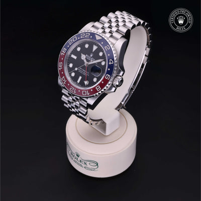 Rolex Certified Pre-owned GMT M126710BLRO-0001 front on black background