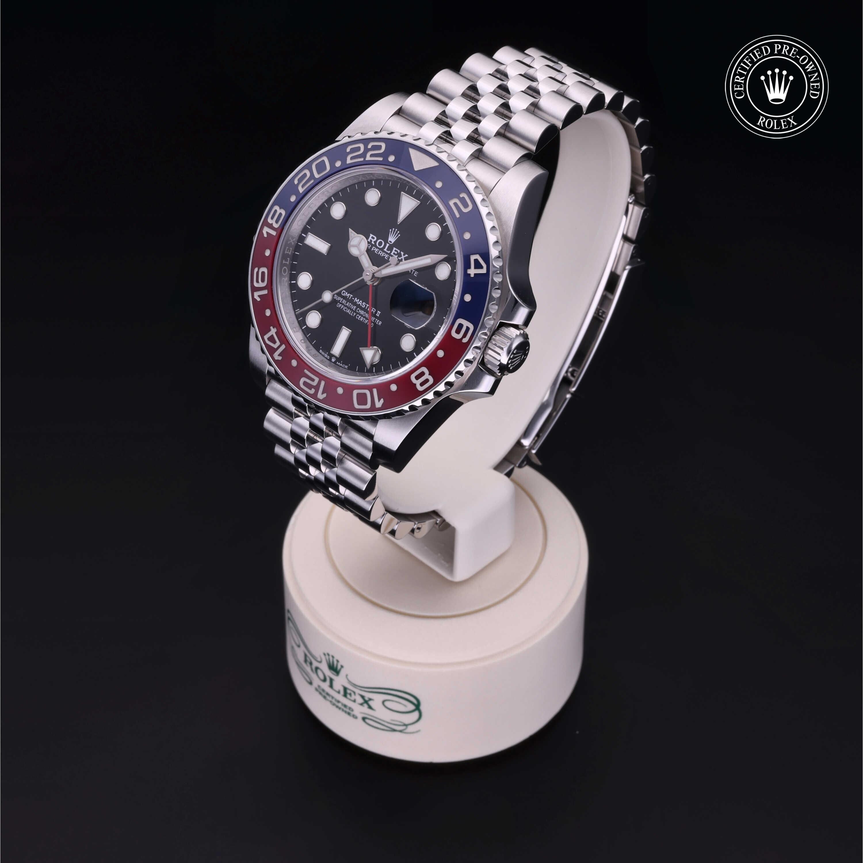 Rolex Certified Pre-owned GMT M126710BLRO-0001 front on black background