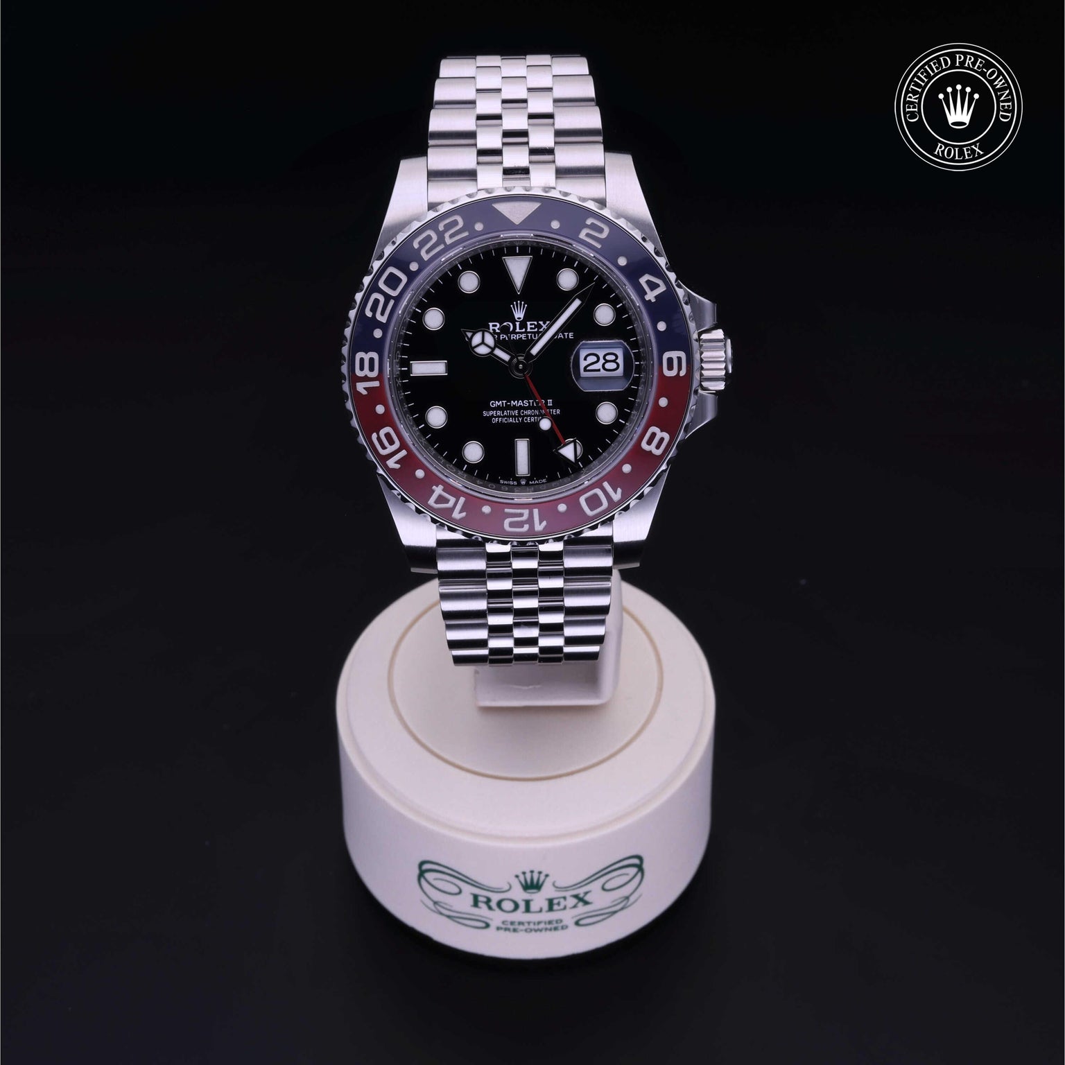 Rolex Certified Pre-owned GMT M126710BLRO-0001 front on black background