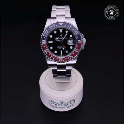 Rolex Certified Pre-owned GMT M126710BLRO-0002 front on black background