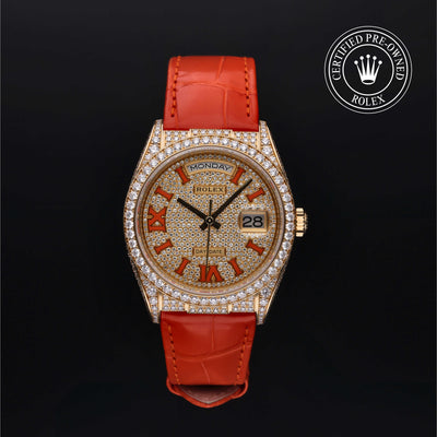 Rolex Certified Pre-owned Day-date M128158RBR-0002 front on black background