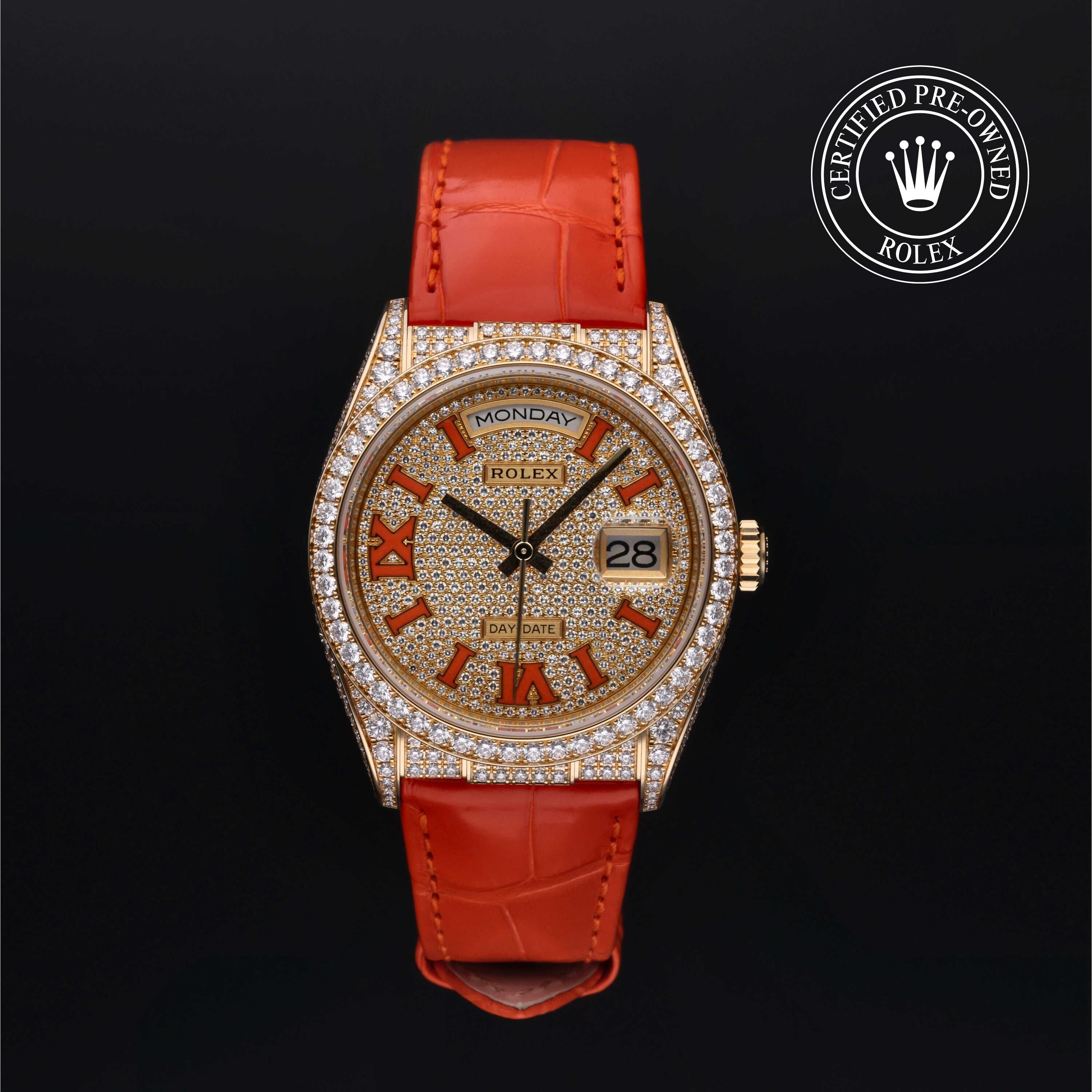 Rolex Certified Pre-owned Day-date M128158RBR-0002 front on black background