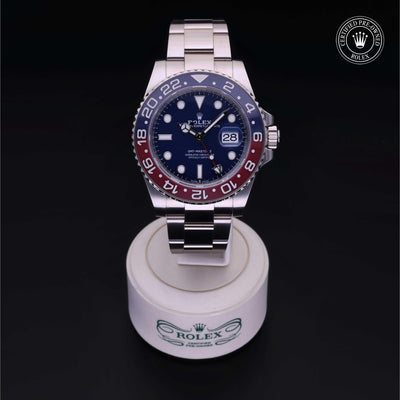 Rolex Certified Pre-owned GMT M126719BLRO-0003 front on black background