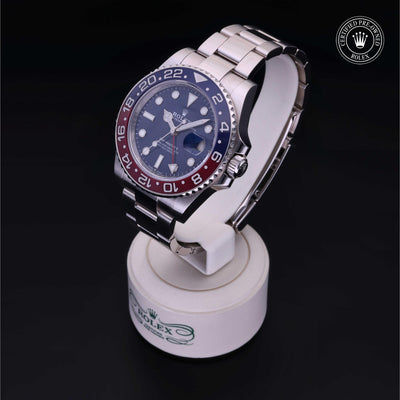 Rolex Certified Pre-owned GMT M126719BLRO-0003 front on black background