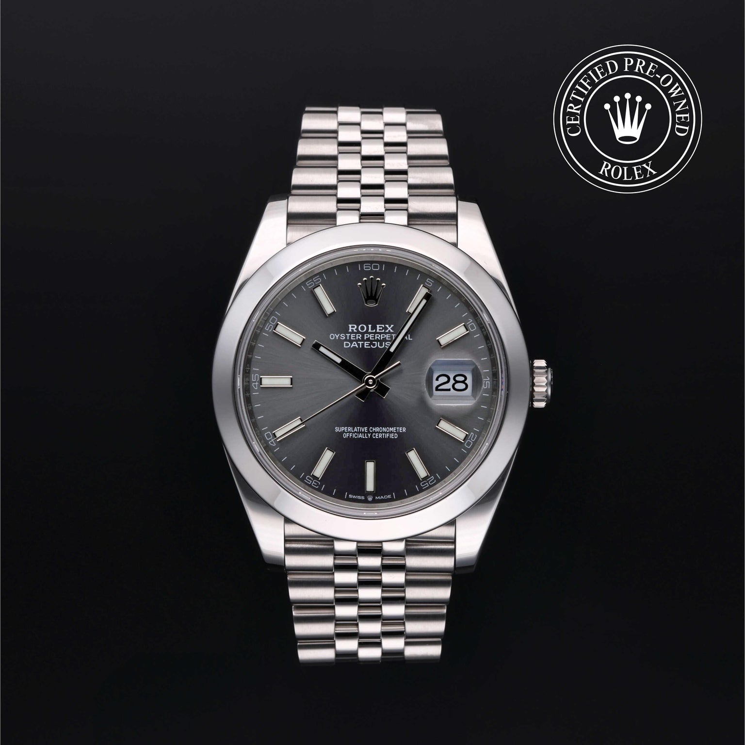 Rolex Certified Pre-owned Datejust M126300-0008 front on black background