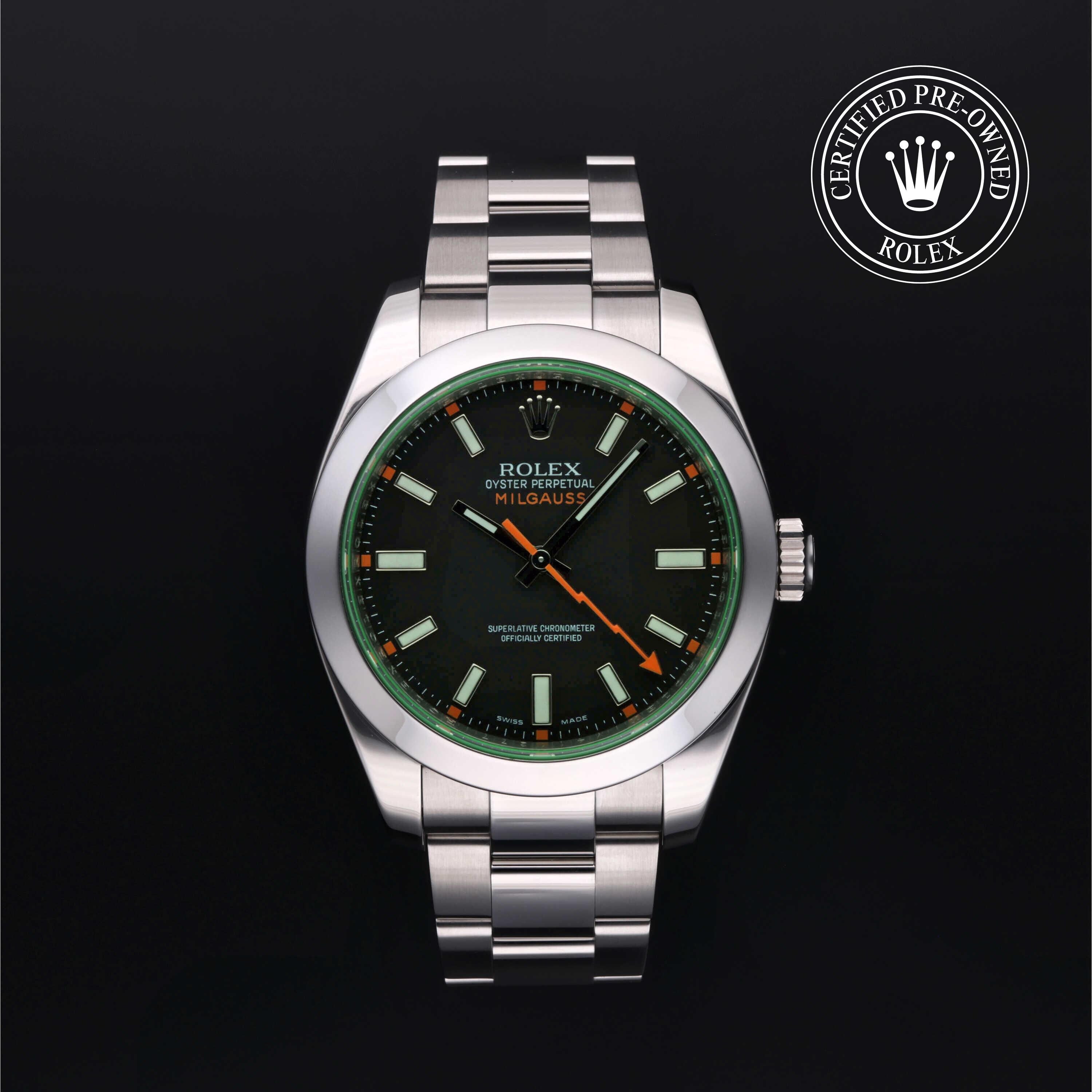 Rolex Certified Pre-owned Milgauss M116400-0001 front on black background