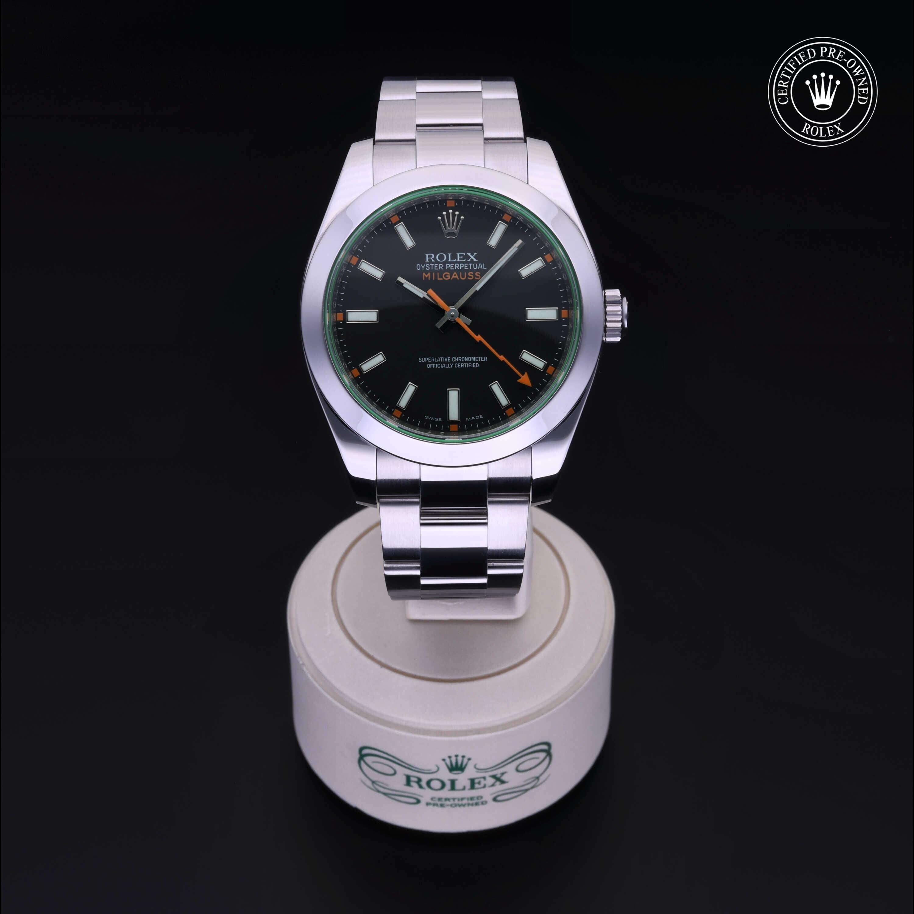 Rolex Certified Pre-owned Milgauss M116400-0001 front on black background