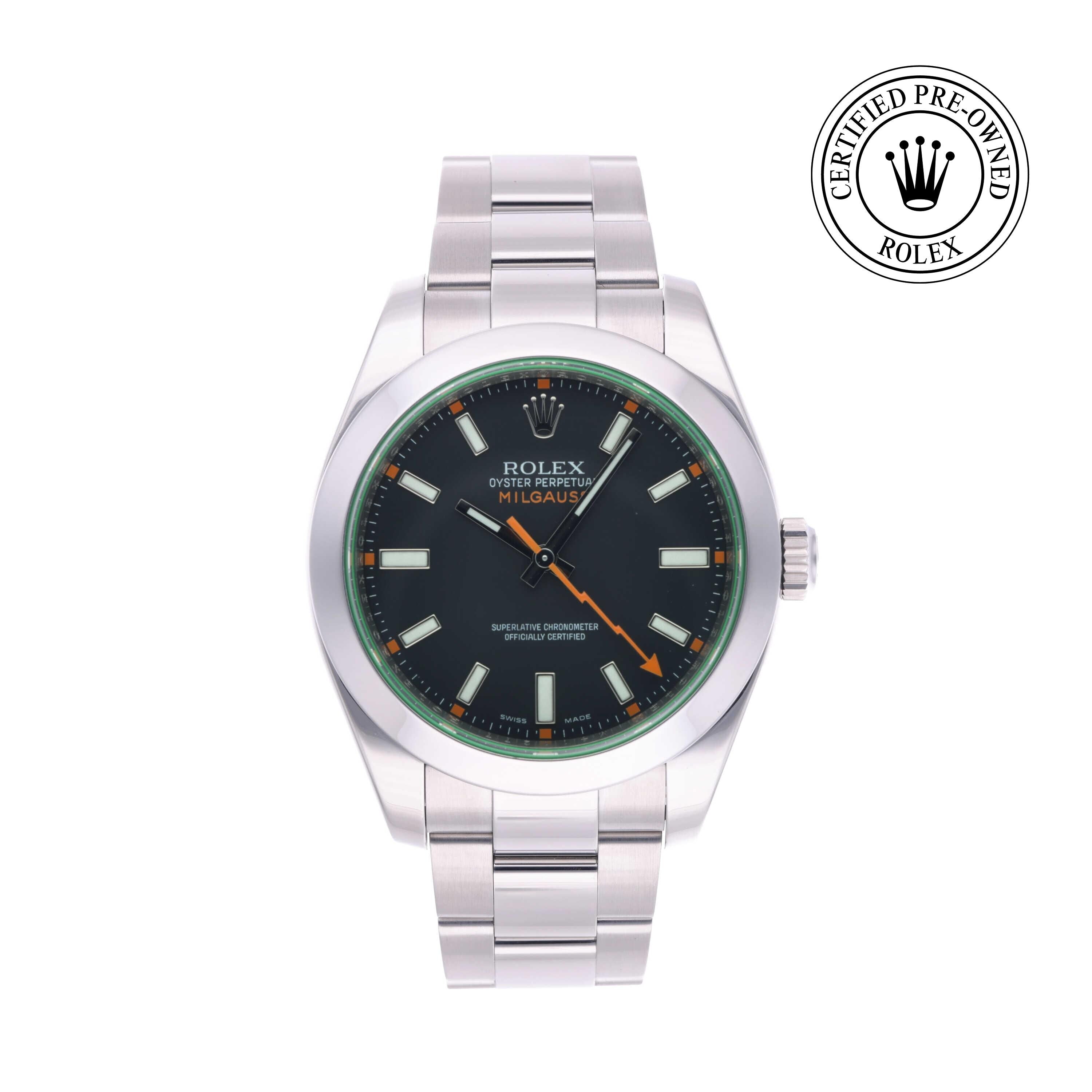 Rolex Certified Pre-owned Milgauss M116400-0001 front on white background