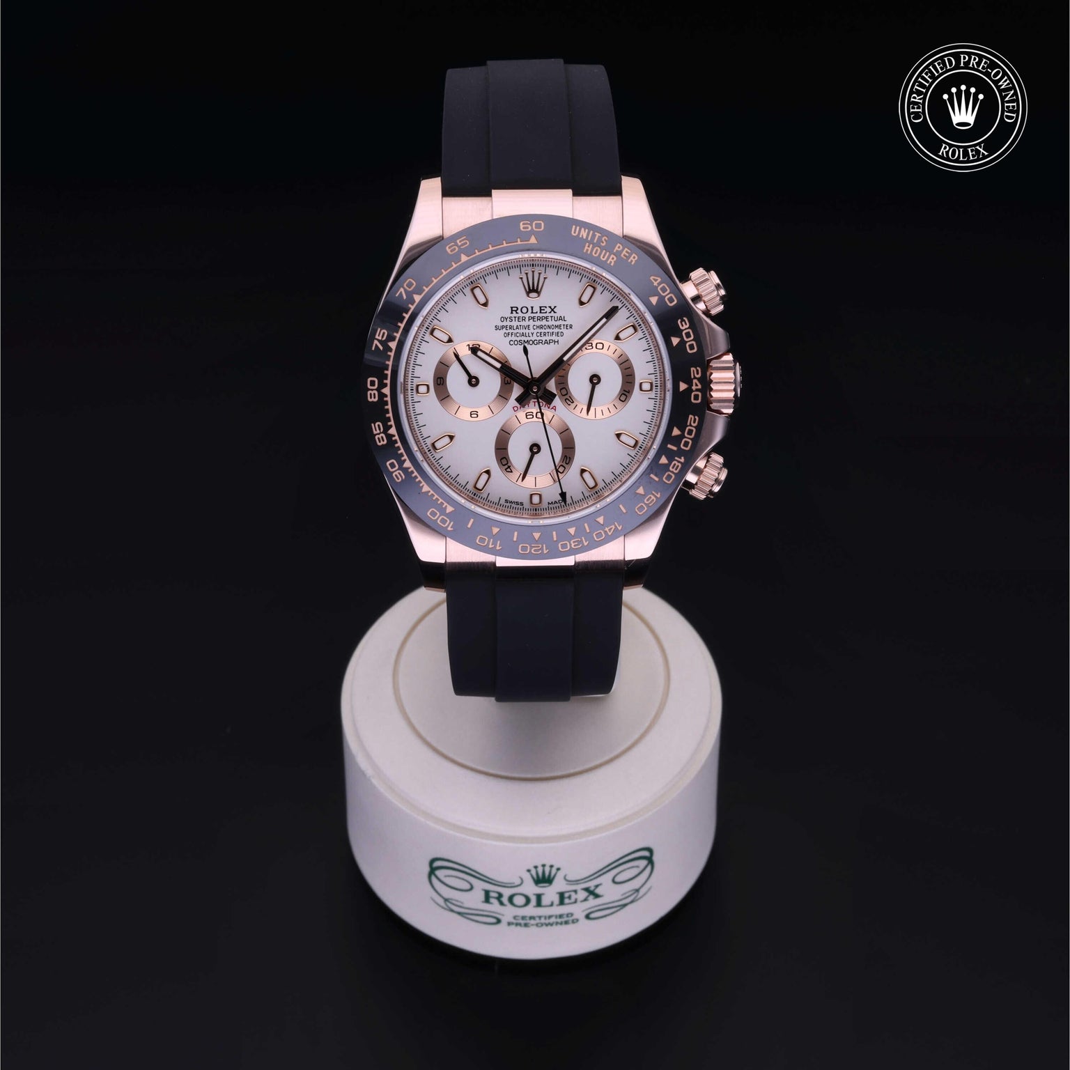 Rolex Certified Pre-owned Daytona M116515LN-0014 front on black background