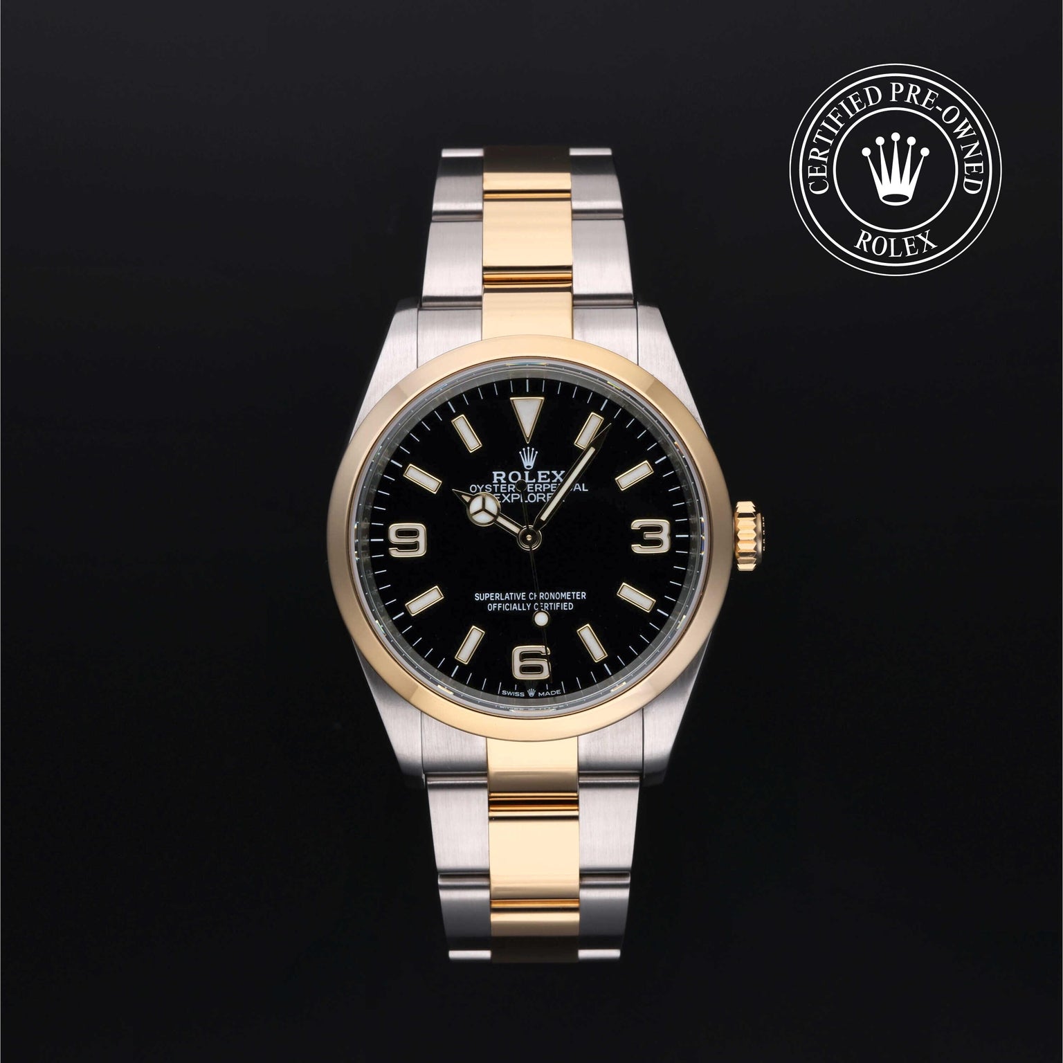 Rolex Certified Pre-owned Explorer M124273-0001 front on black background