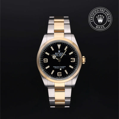 Rolex Certified Pre-owned Explorer M124273-0001 front on black background