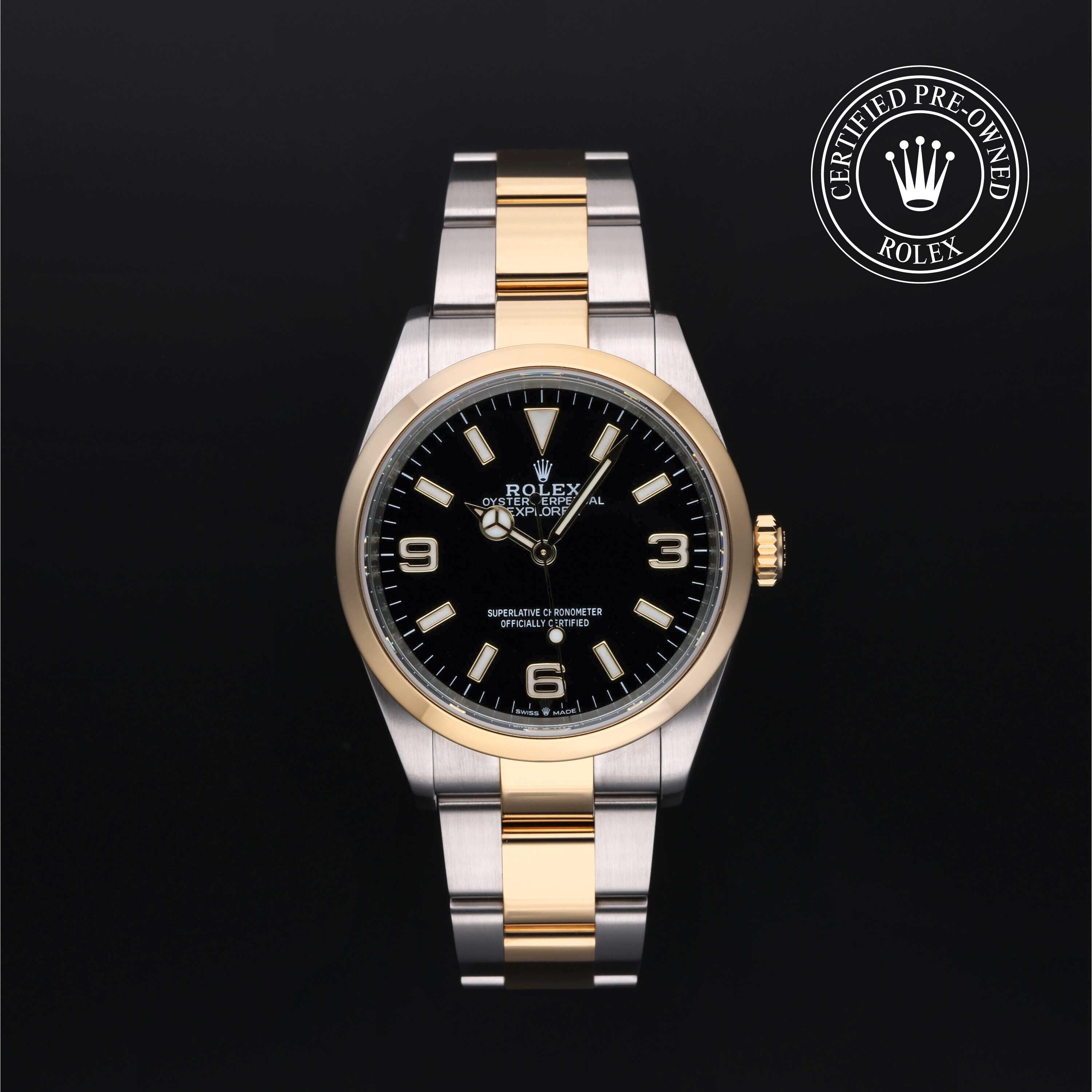 Rolex Certified Pre-owned Explorer M124273-0001 front on black background