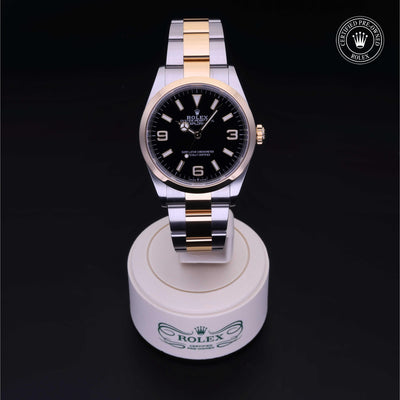 Rolex Certified Pre-owned Explorer M124273-0001 front on black background