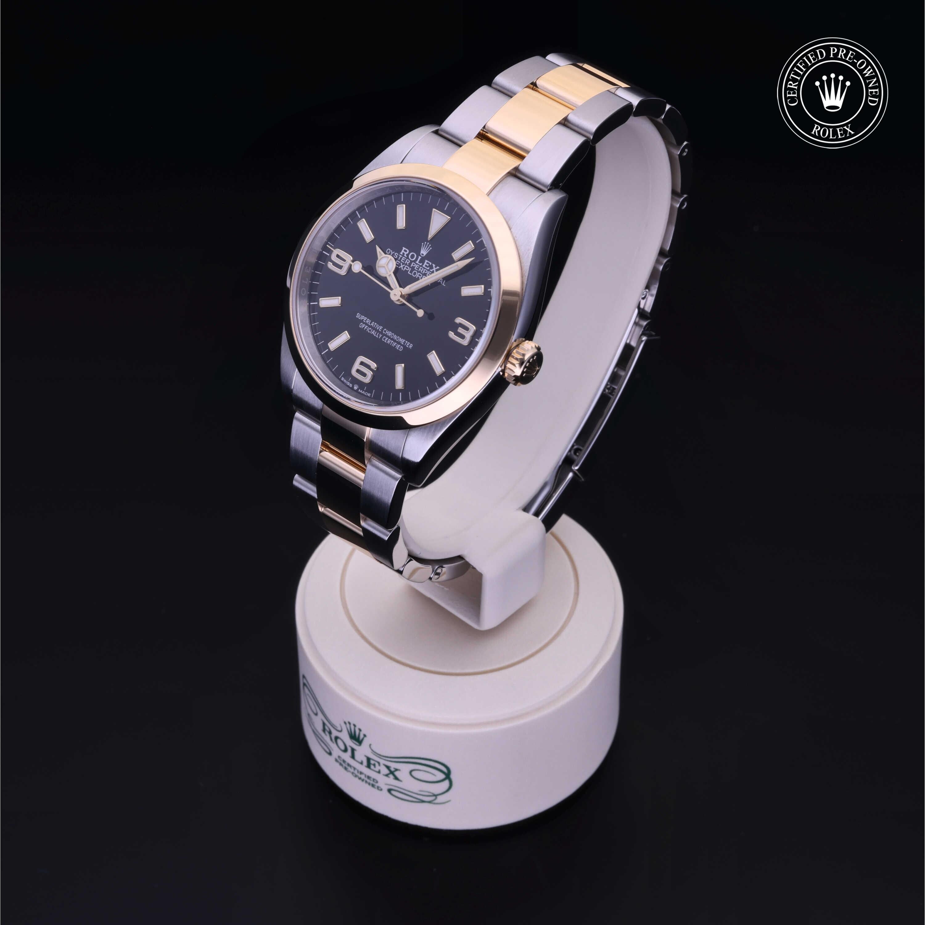 Rolex Certified Pre-owned Explorer M124273-0001 front on black background