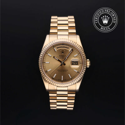 Rolex Certified Pre-owned Day-date M118238-0103 front on black background