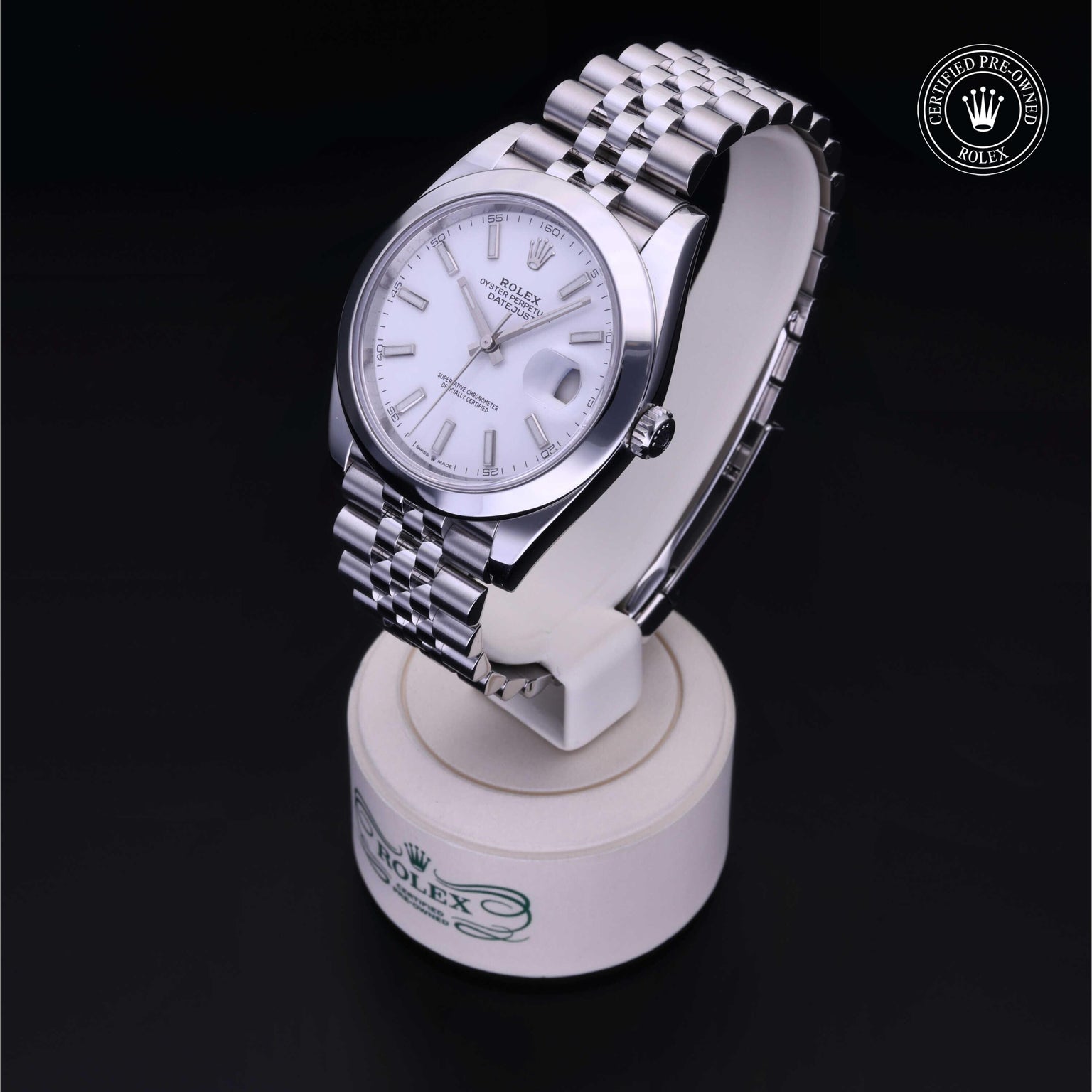 Rolex Certified Pre-owned Datejust M126300-0006 front on black background