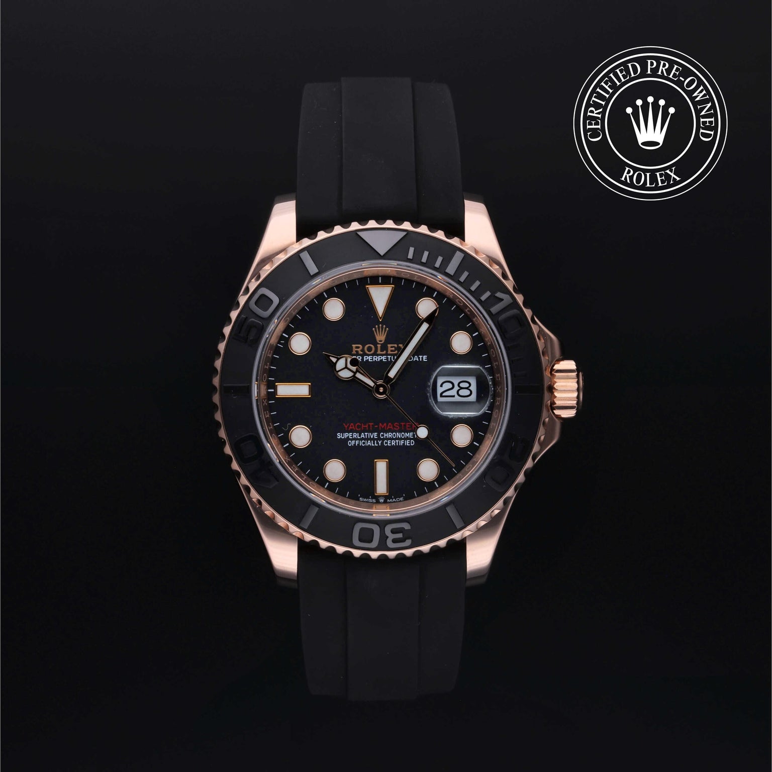 Rolex Certified Pre-owned Yacht-Master M126655-0002 front on black background