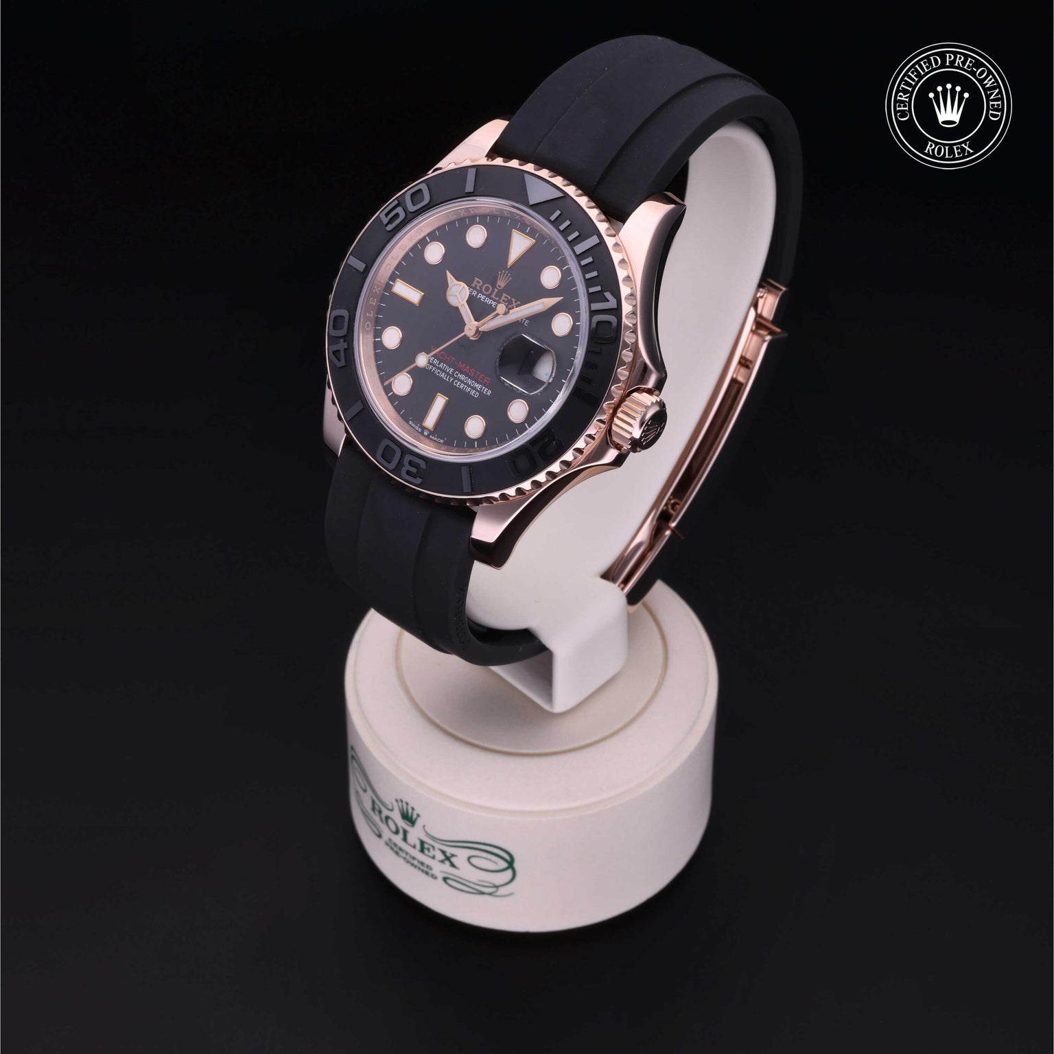 Rolex Certified Pre-owned Yacht-Master M126655-0002 front on black background