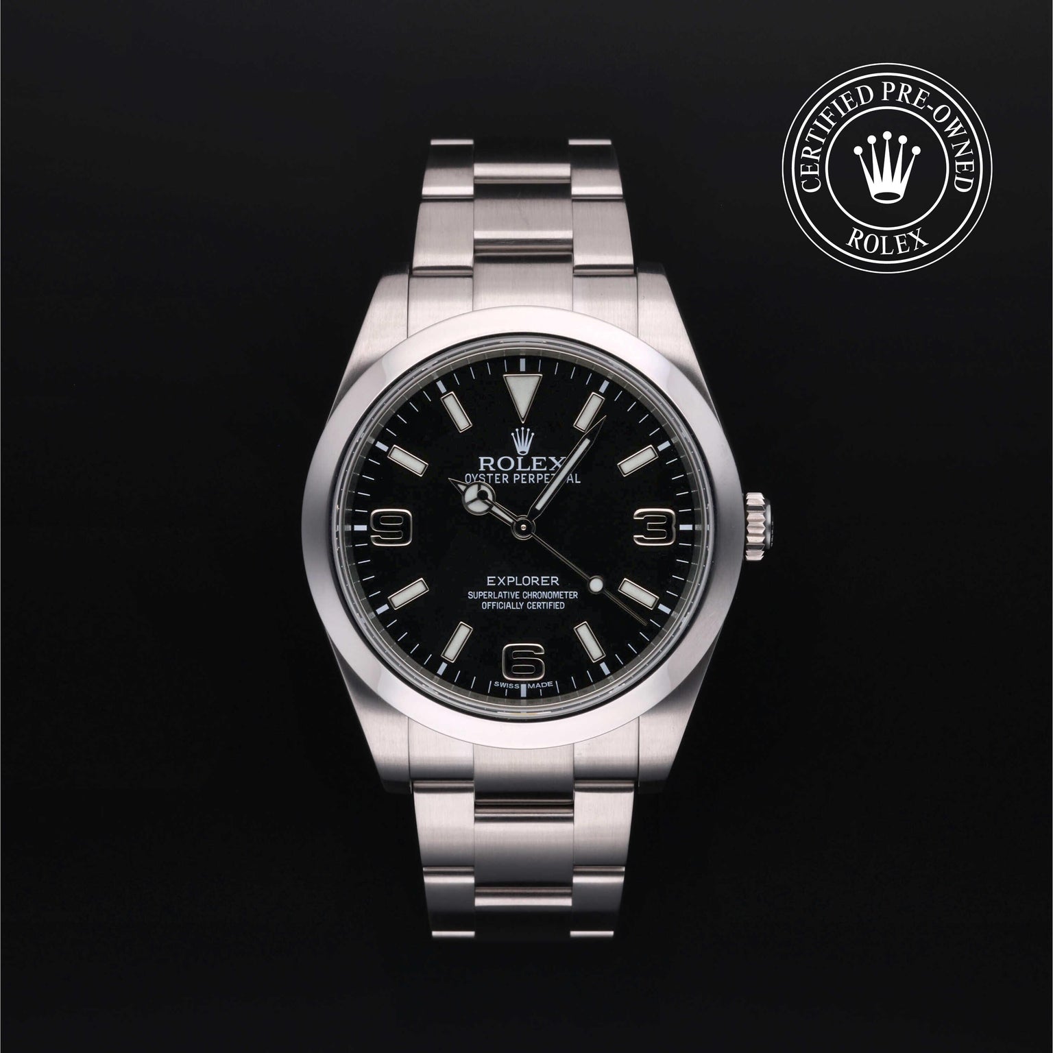 Rolex Certified Pre-owned Explorer M214270-0001 front on black background