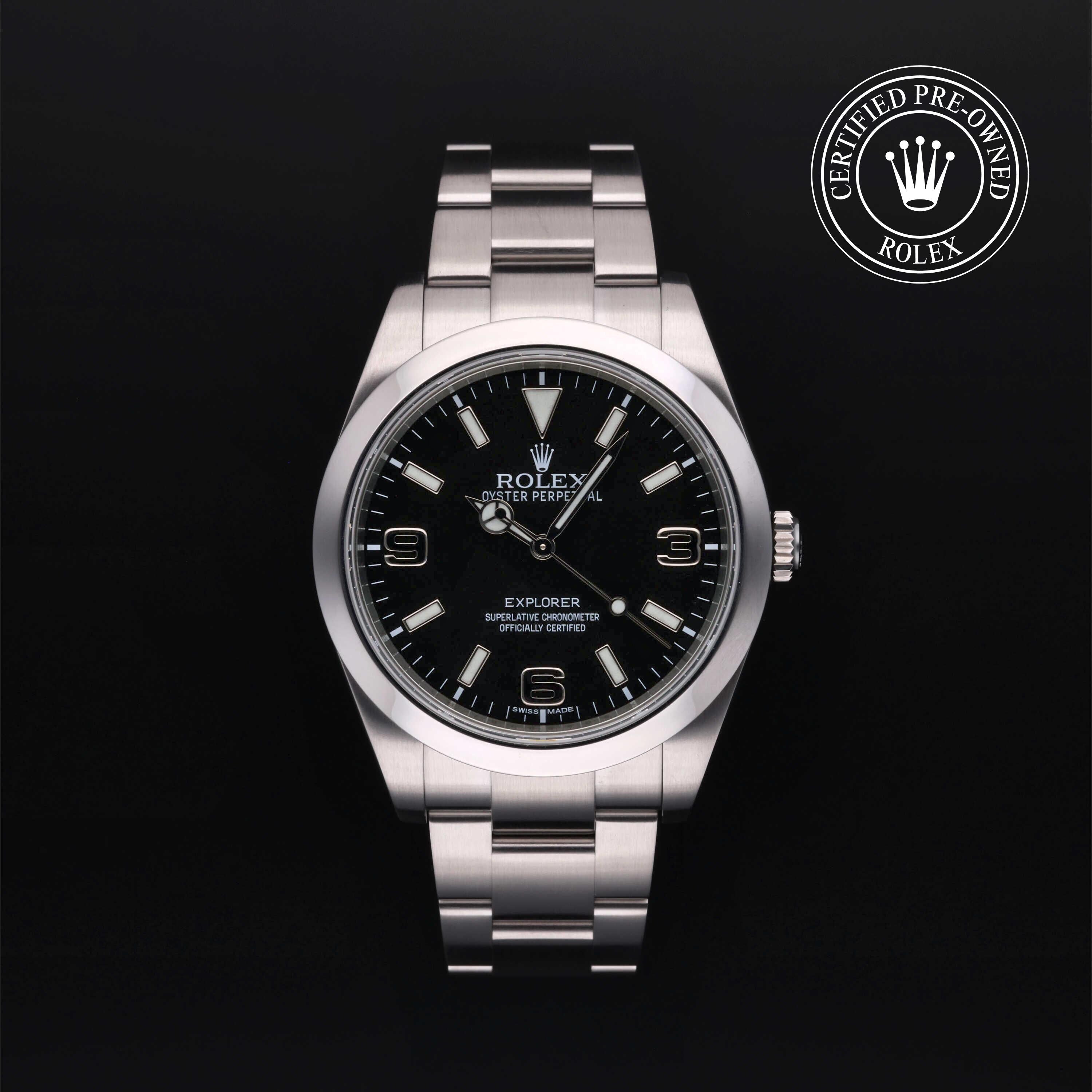 Rolex Certified Pre-owned Explorer M214270-0001 front on black background