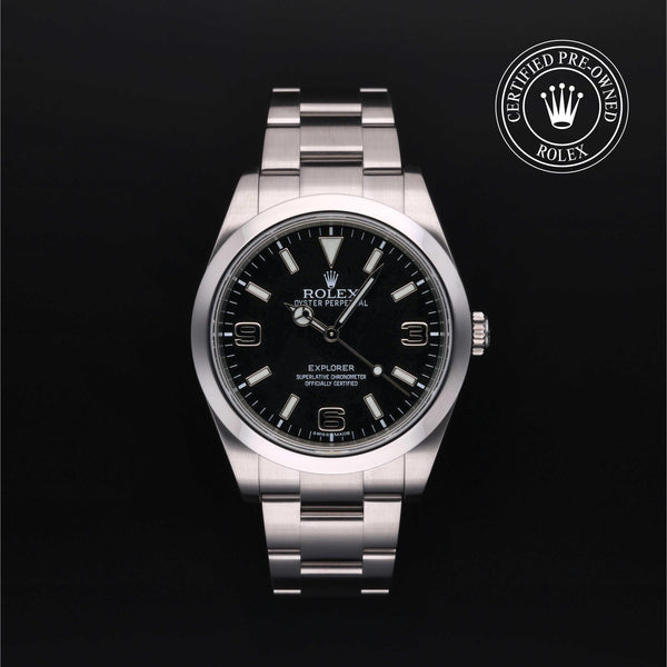 Rolex Certified Pre-owned Explorer M214270-0001 front on black background