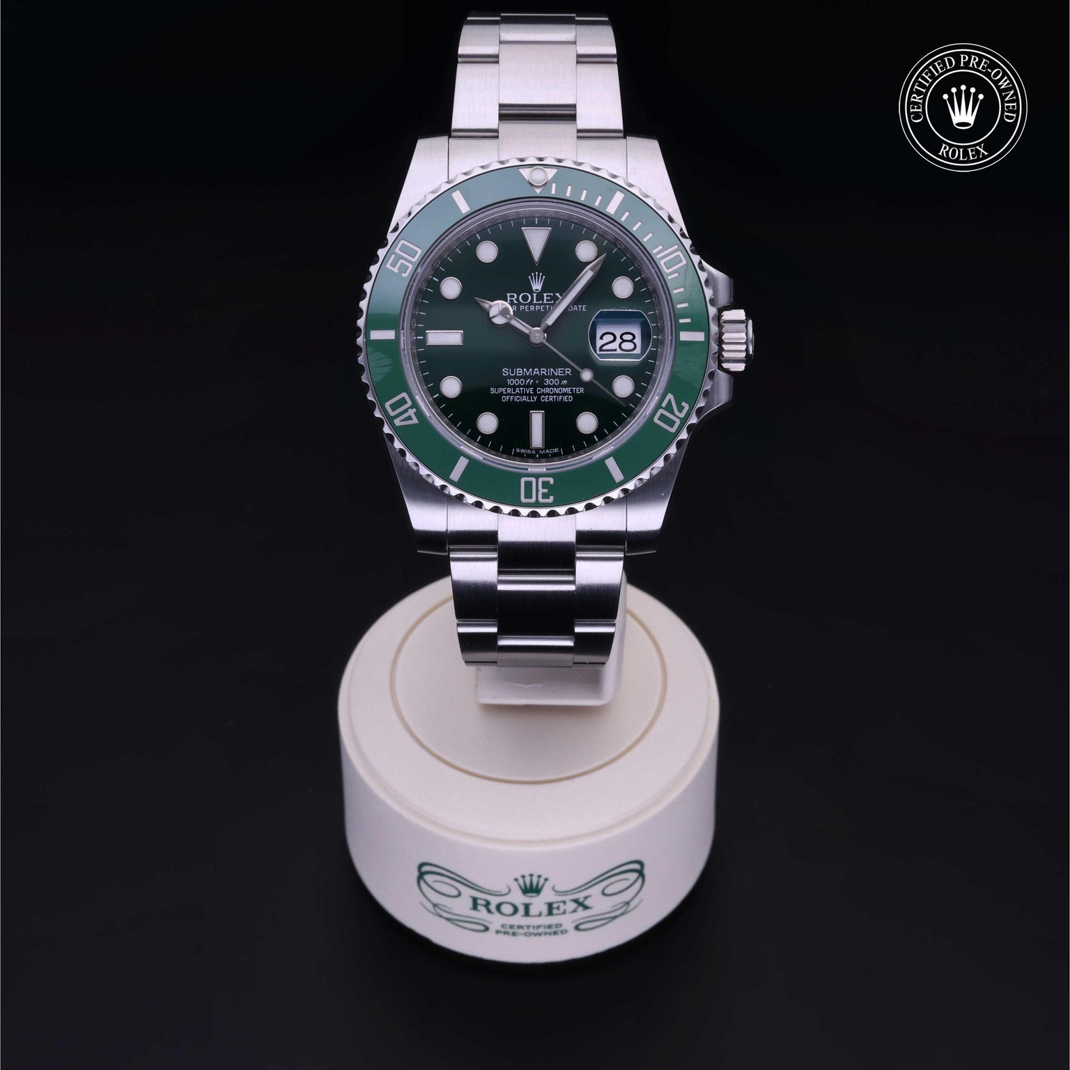 Rolex Certified Pre-owned Submariner M116610LV-0002 front on black background