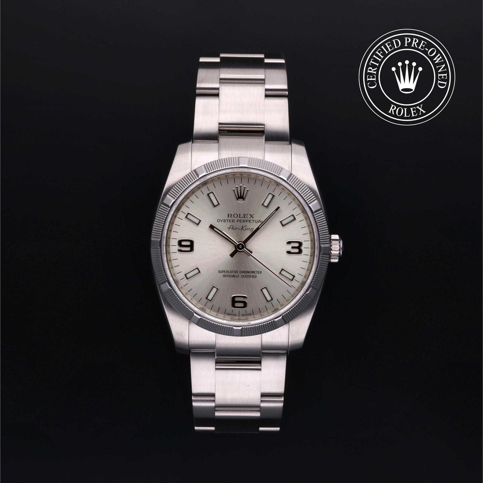 Rolex Certified Pre-owned Air-King M114210-0004 front on black background