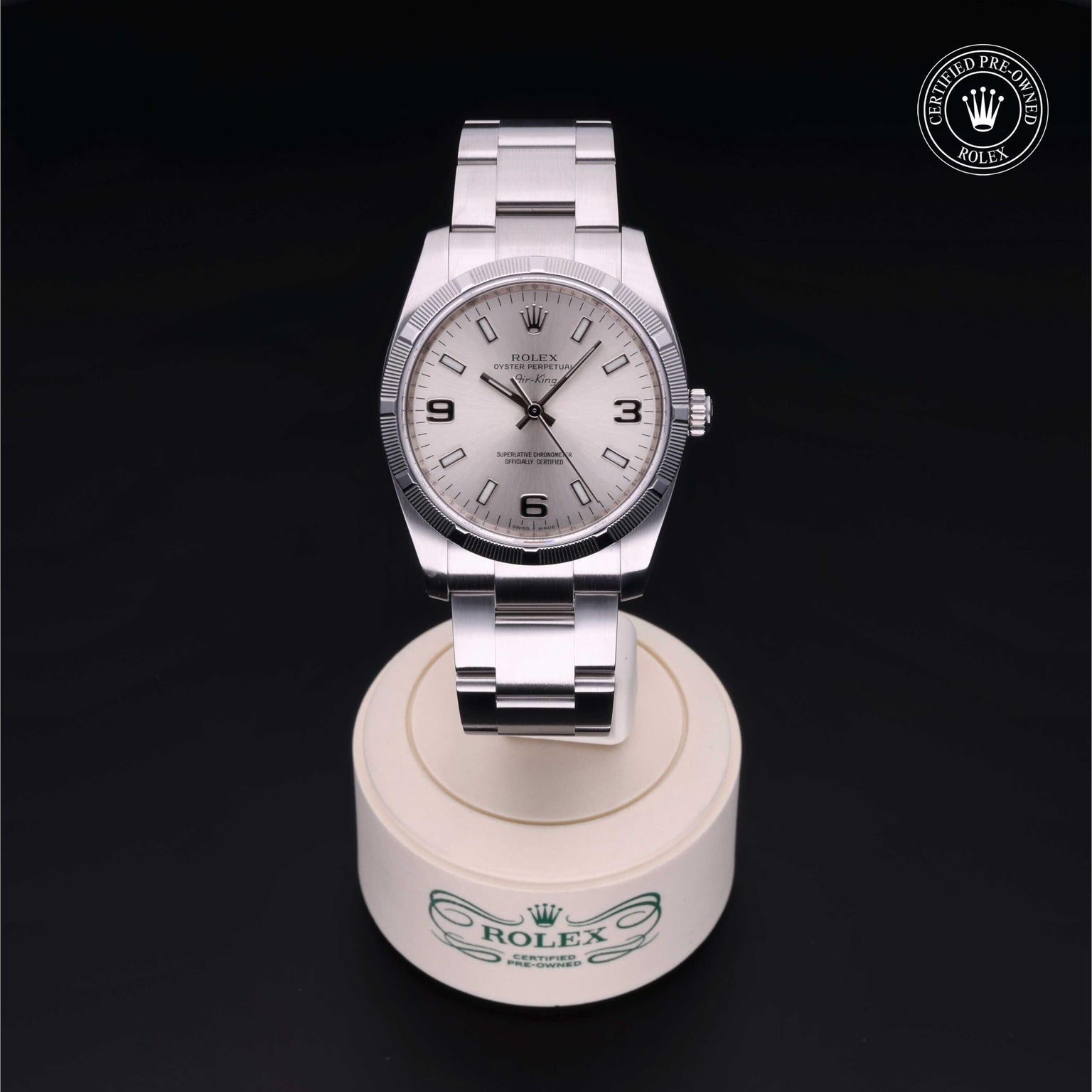 Rolex Certified Pre-owned Air-King M114210-0004 front on black background