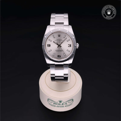 Rolex Certified Pre-owned Air-King M114210-0004 front on black background