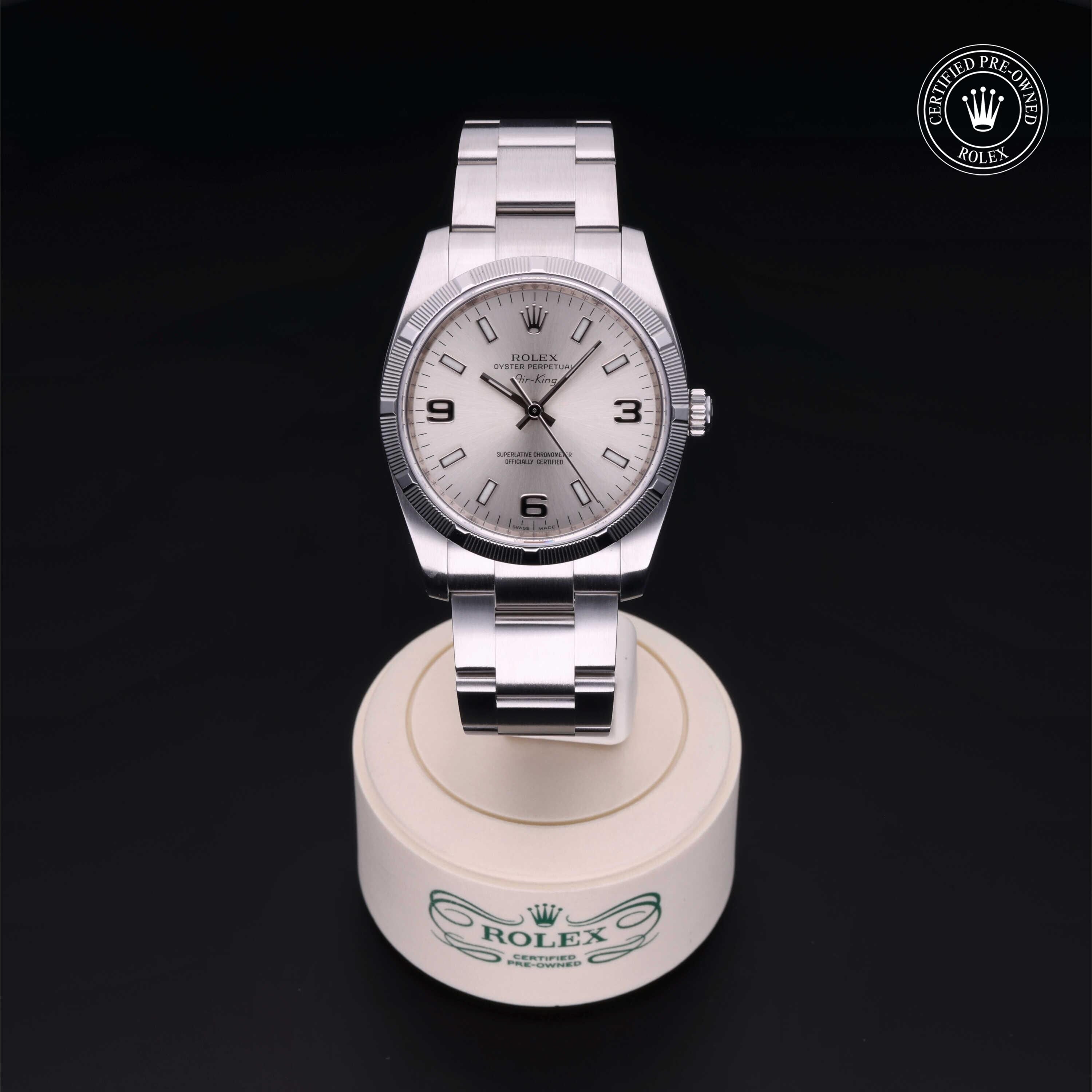 Rolex Certified Pre-owned Air-King M114210-0004 front on black background