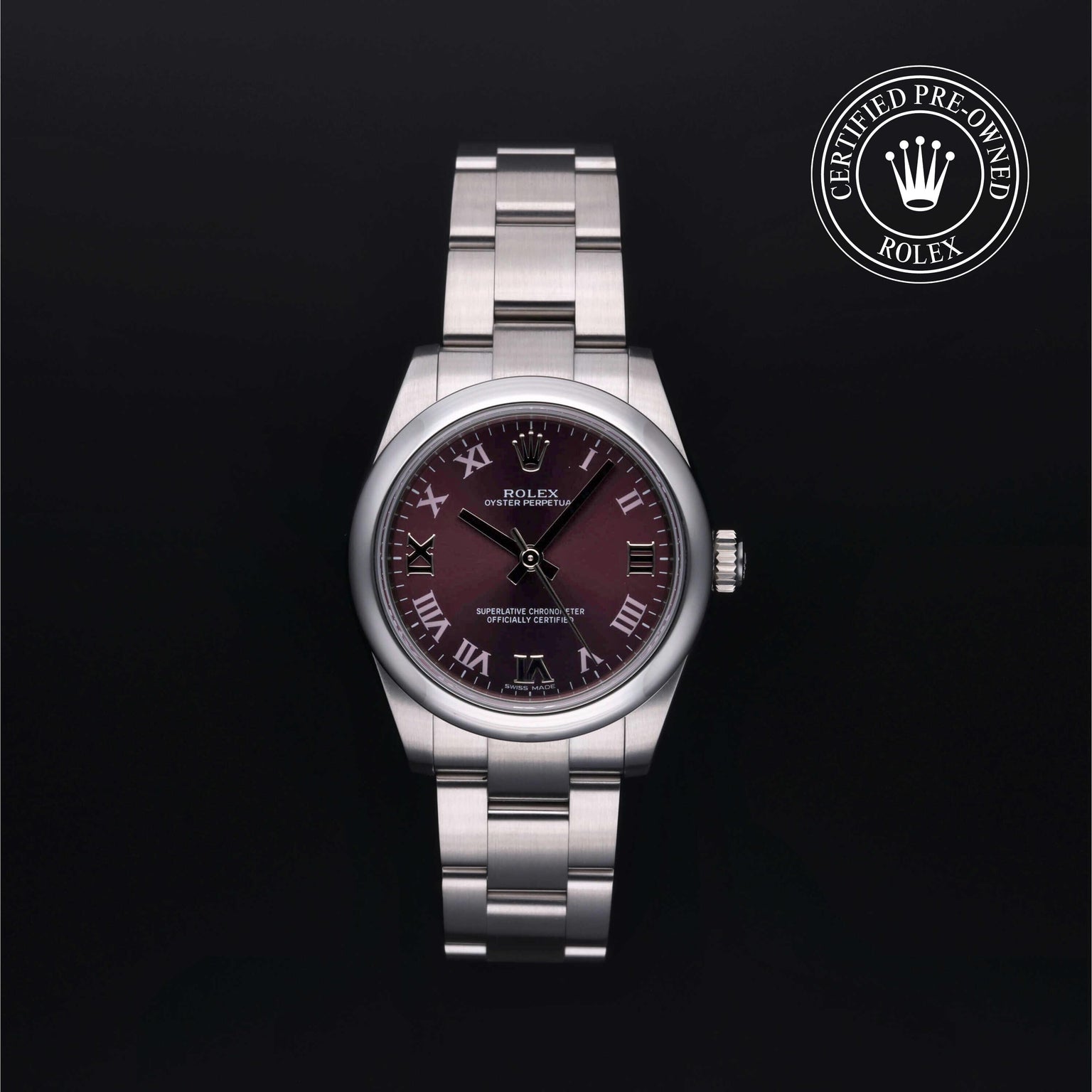 Rolex Certified Pre-owned Oyster Perpetual M177200-0017 front on black background