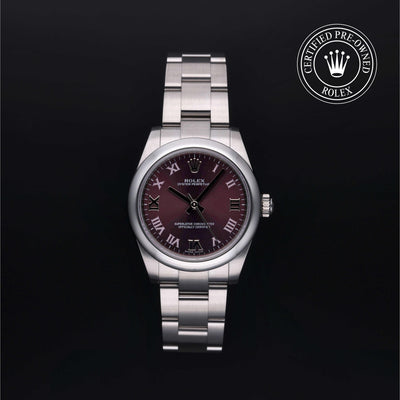 Rolex Certified Pre-owned Oyster Perpetual M177200-0017 front on black background