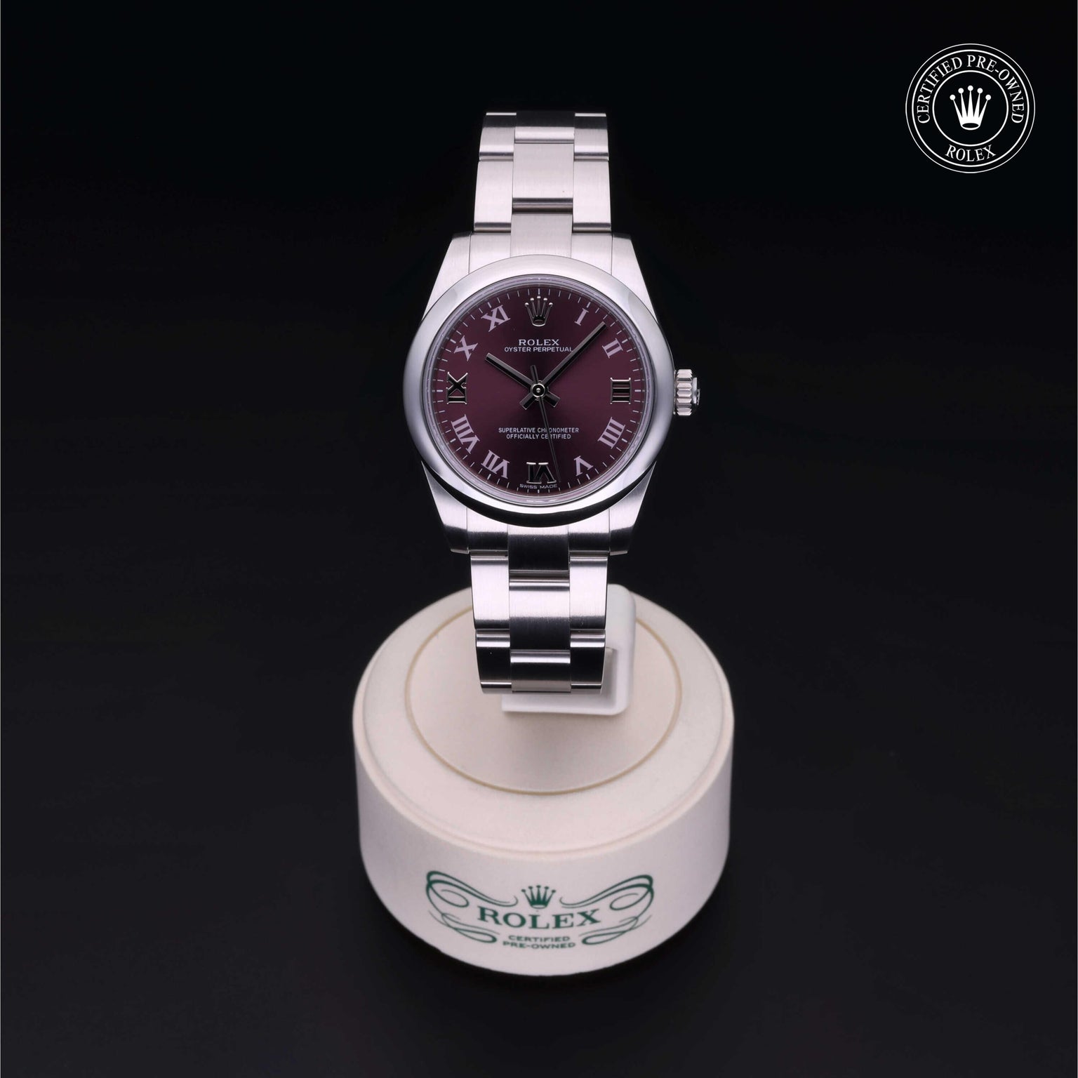 Rolex Certified Pre-owned Oyster Perpetual M177200-0017 front on black background