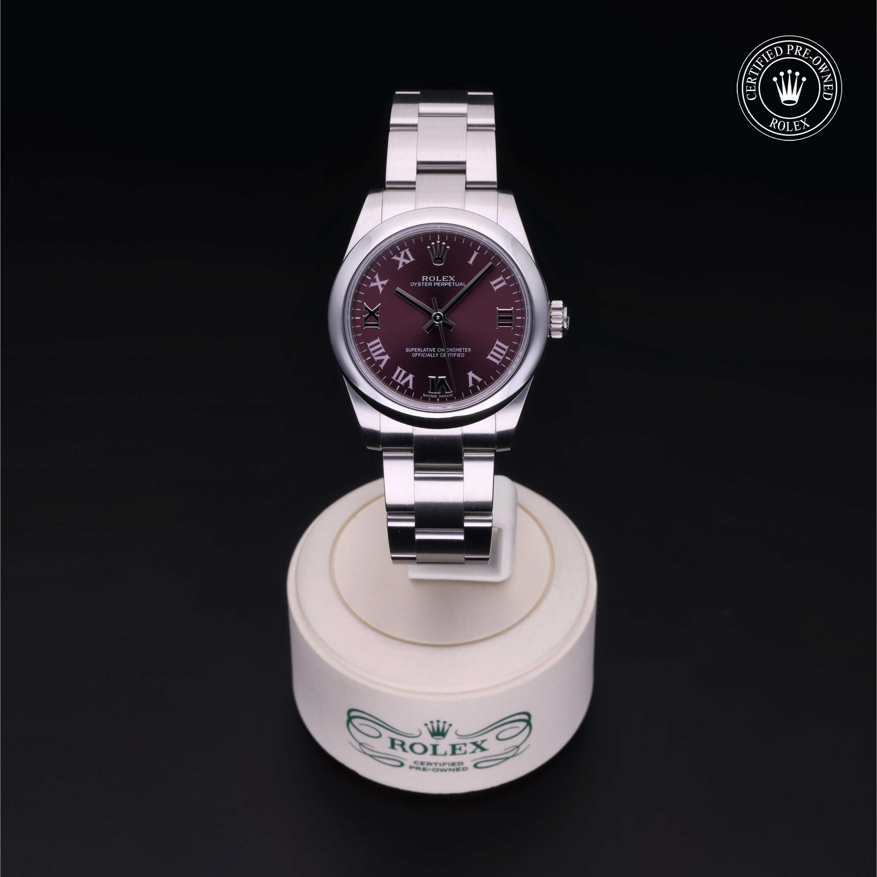 Rolex Certified Pre-owned Oyster Perpetual M177200-0017 front on black background